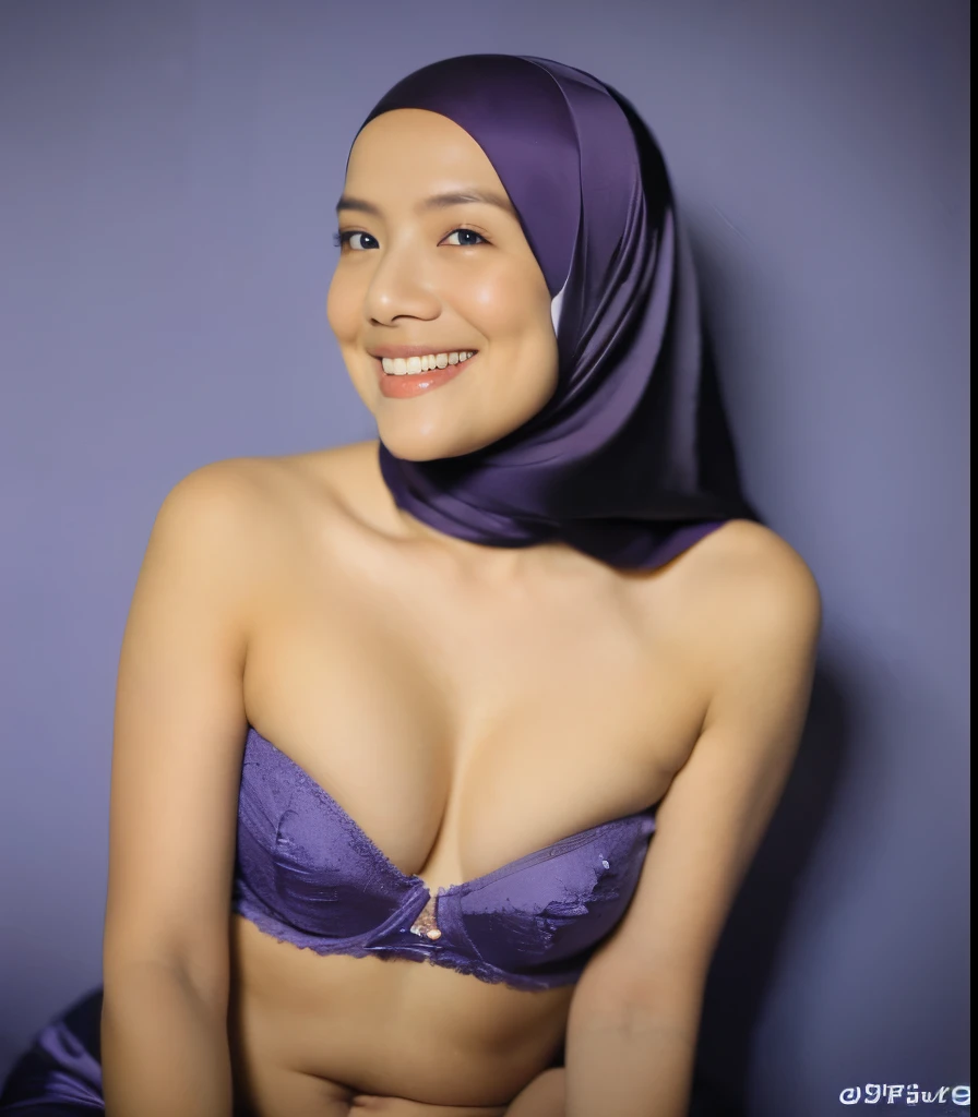 Matured Malay women in hijab wearing sexy satin lace lilac color bra and panties, portrait photography, 35 years old, mid shot photo, ultra detail, professional photograph with professional lighting, smile, light blue studio background, sexy seducing pose, curvy,