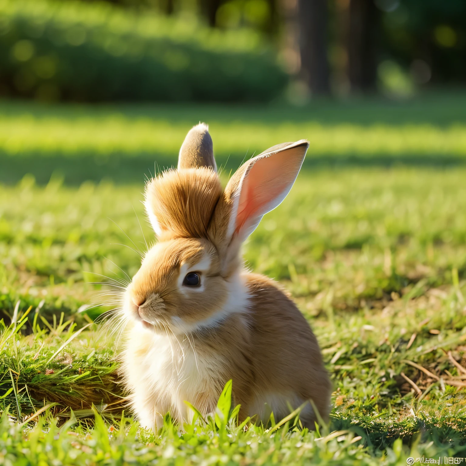 Baby rabbit tilting its head,brown fluffy fur,Grassland with sunlight filtering through the trees,perfect balance,golden ratio,real,