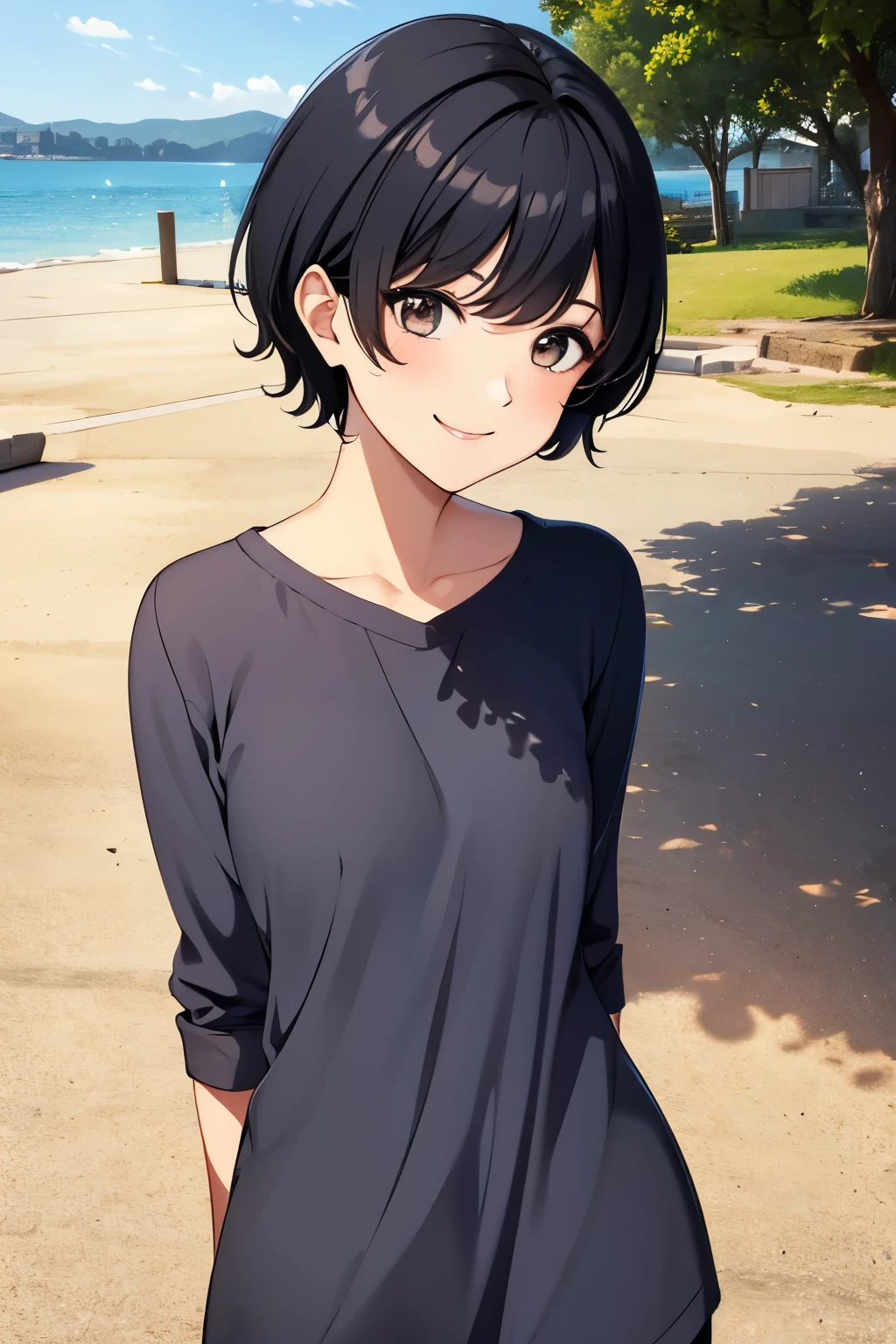 black hair shortcut cute 16age facing forward smiling Neat Breezy