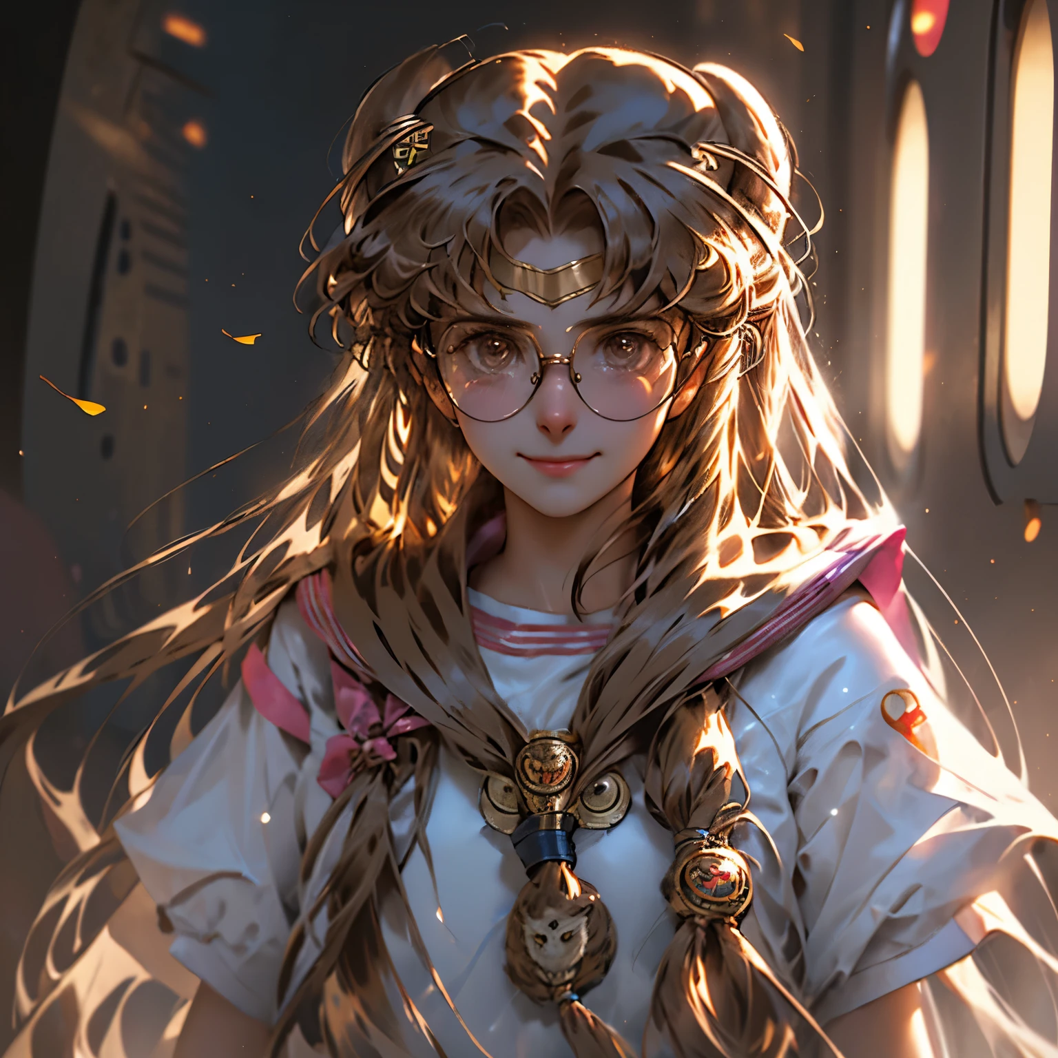 (a teenager with light brown hair, glasses, owl head band, streaked hair, and a hime cut), (medium hair), (hair between eyes), (streaming tears), (sad smile), (ray tracing), (8k, uhd)