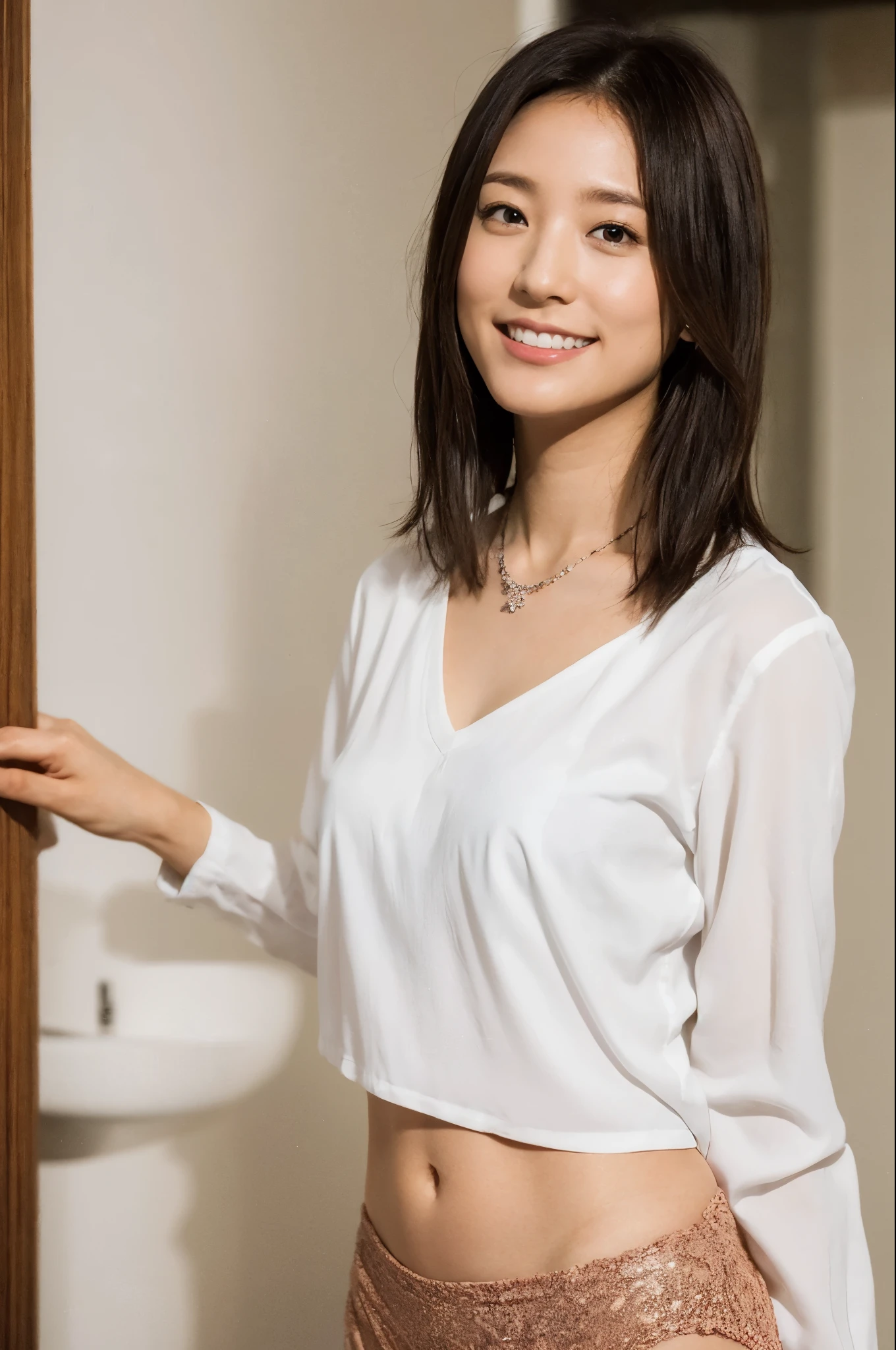 future、(((1girl,solo))),japanese woman、A-line haircut, light smile,perfect body、thin waist、necklace、earrings、Gravure idol、underwear、anatomically correct body、Beautiful woman