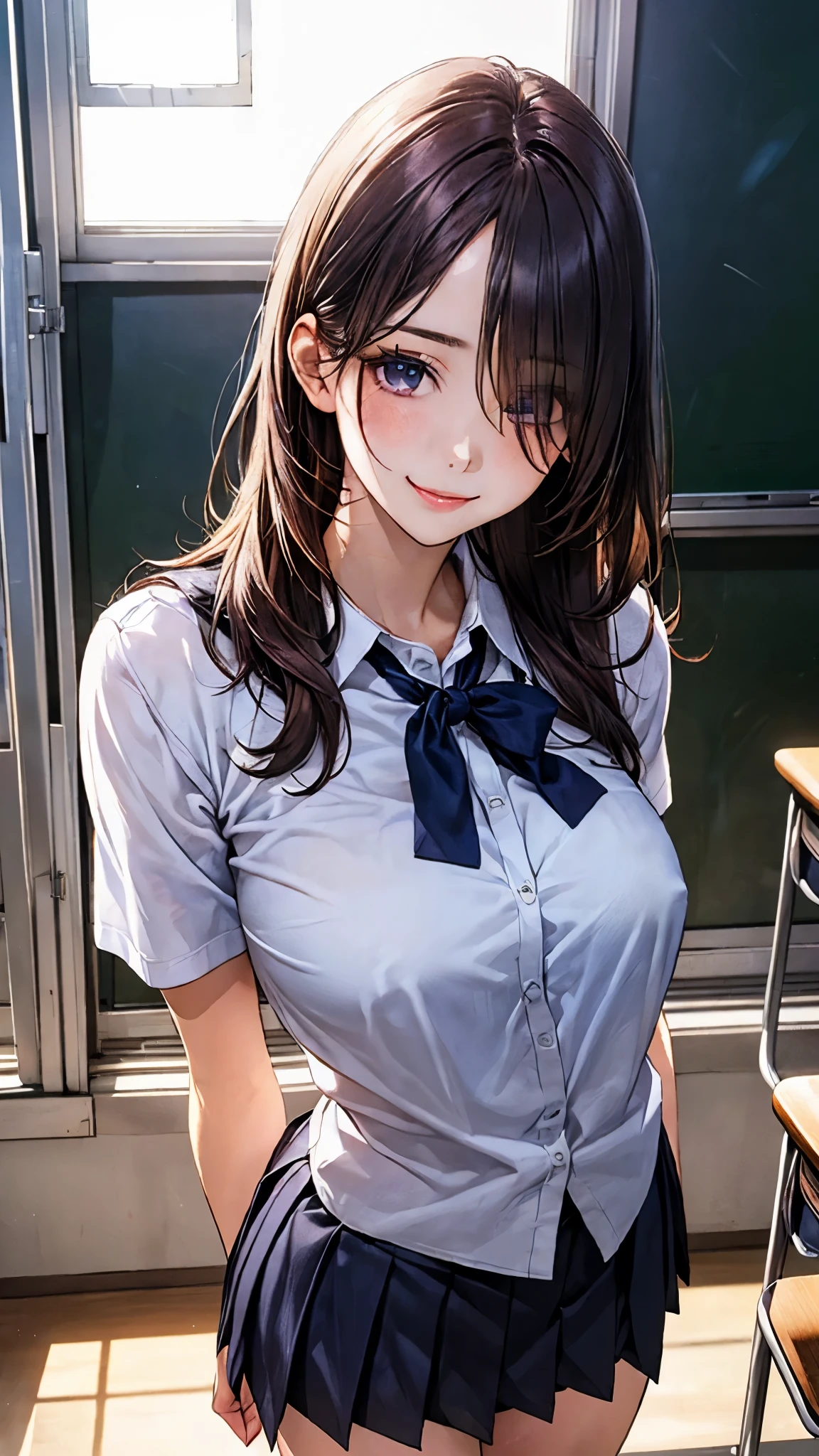 (masterpiece:1.2, top-quality), (realistic, photorealistic:1.4), beautiful illustration, (natural side lighting, movie lighting), nsfw, 
looking at viewer, face focus, upper body, 1 girl, japanese, high school girl, perfect face, cute and symmetrical face, shiny skin, 
(long hair:1.5, straight hair:1.4, dark purple hair), hair over one eye, dark purple, long eye lasher, (large breasts, seductive thighs, big ass), nipple hardening, slender, 
beautiful hair, beautiful face, beautiful detailed eyes, beautiful clavicle, beautiful body, beautiful chest, beautiful thigh, beautiful legs, beautiful fingers, 
((detailed cloth texture, short sleeves white collared shirts, navy pleated mini skirt), black tie), 
(beautiful scenery), evening, (school class room), school desk, school chair, window, curtains, blackboard, standing, (lovely smile, upper eyes), 