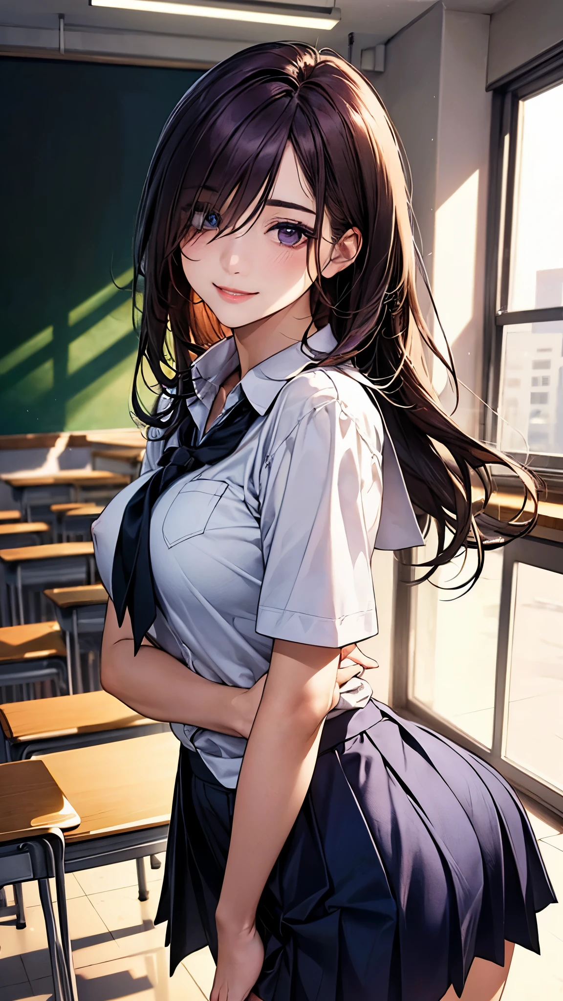 (masterpiece:1.2, top-quality), (realistic, photorealistic:1.4), beautiful illustration, (natural side lighting, movie lighting), nsfw, 
looking at viewer, face focus, upper body, 1 girl, japanese, high school girl, perfect face, cute and symmetrical face, shiny skin, 
(long hair:1.5, straight hair:1.4, dark purple hair), hair over one eye, dark purple, long eye lasher, (large breasts, seductive thighs, big ass), nipple hardening, slender, 
beautiful hair, beautiful face, beautiful detailed eyes, beautiful clavicle, beautiful body, beautiful chest, beautiful thigh, beautiful legs, beautiful fingers, 
((detailed cloth texture, short sleeves white collared shirts, navy pleated mini skirt), black tie), 
(beautiful scenery), evening, (school class room), school desk, school chair, window, curtains, blackboard, standing, (lovely smile, upper eyes), 