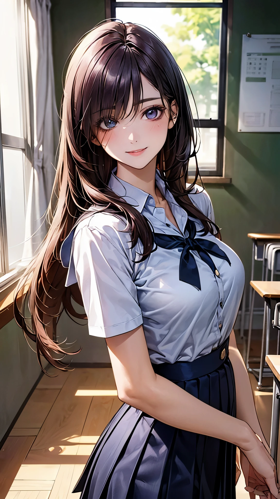 (masterpiece:1.2, top-quality), (realistic, photorealistic:1.4), beautiful illustration, (natural side lighting, movie lighting), nsfw, 
looking at viewer, face focus, upper body, 1 girl, japanese, high school girl, perfect face, cute and symmetrical face, shiny skin, 
(long hair:1.5, straight hair:1.4, dark purple hair), hair over one eye, dark purple, long eye lasher, (large breasts, seductive thighs, big ass), nipple hardening, slender, 
beautiful hair, beautiful face, beautiful detailed eyes, beautiful clavicle, beautiful body, beautiful chest, beautiful thigh, beautiful legs, beautiful fingers, 
((detailed cloth texture, short sleeves white collared shirts, navy pleated mini skirt), black tie), 
(beautiful scenery), evening, (school class room), school desk, school chair, window, curtains, blackboard, standing, (lovely smile, upper eyes), 