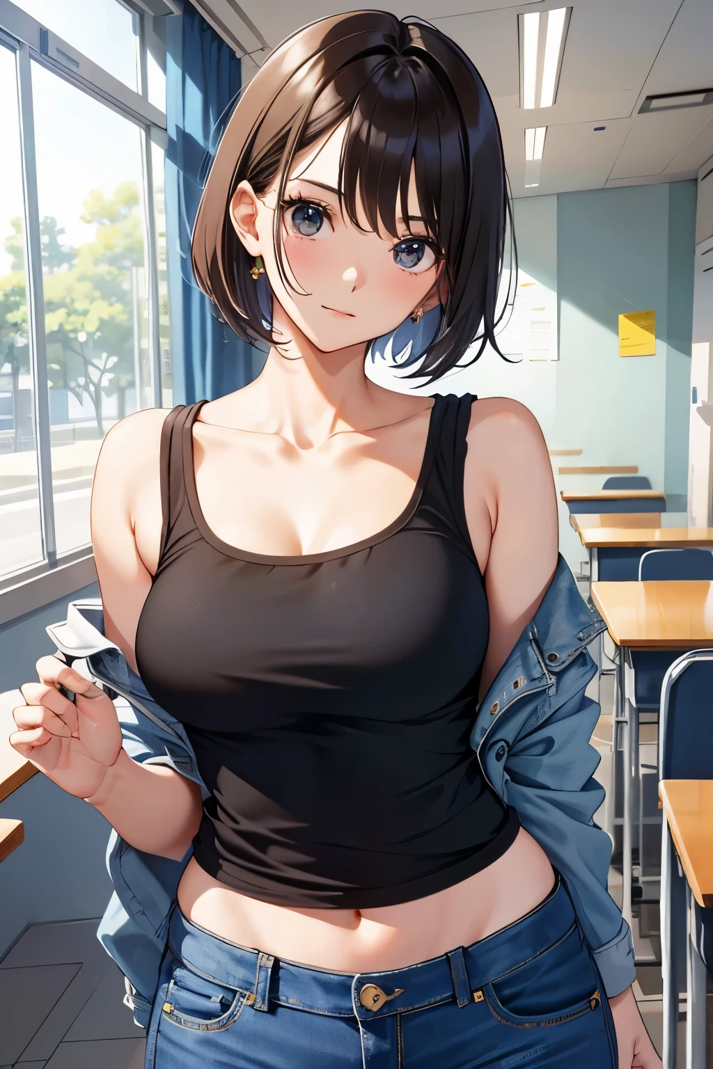 Within the university、campus、Beauty、Upper body、one piece、During class。short hair。innocent face、buttocks emphasis、jeans、Glamour、