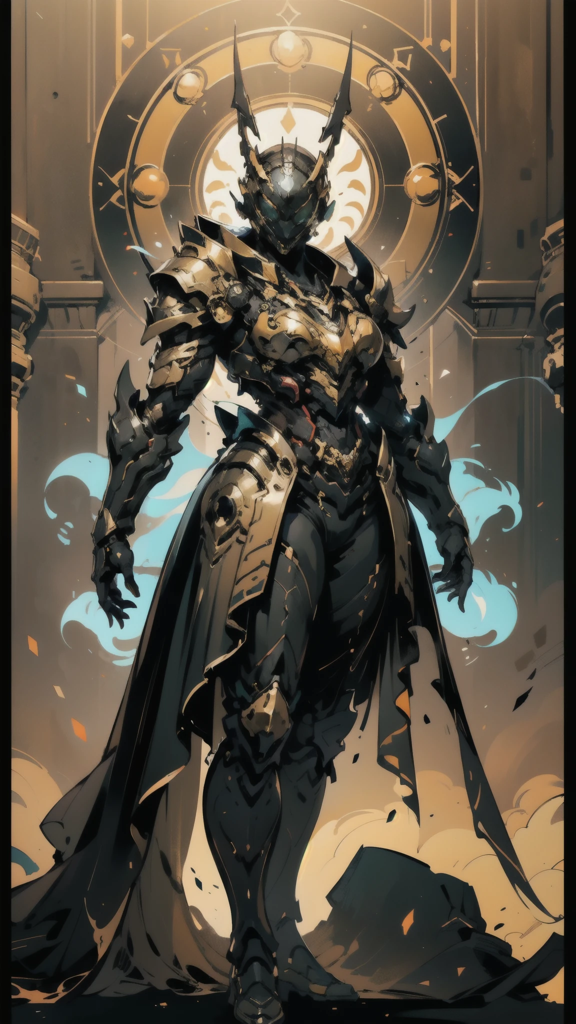 A woman adorned in fantasy-style full-body armor, a crown-concept fully enclosed helmet that unveils only her eyes, a composite layered chest plate, fully encompassing shoulder and hand guards, a lightweight waist armor, form-fitting shin guards, the overall design is heavy-duty yet flexible, (the armor gleams with a golden glow, complemented by red and blue accents), exhibiting a noble aura, she floats above a fantasy-surreal high-tech city, this character embodies a finely crafted fantasy-surreal style armored hero in anime style, exquisite and mature manga art style, (mixture of Queen bee and Spider concept Armor, plasma), ((Element, elegant, goddess, femminine:1.5)), metallic, high definition, best quality, highres, ultra-detailed, ultra-fine painting, extremely delicate, professional, anatomically correct, symmetrical face, extremely detailed eyes and face, high quality eyes, creativity, RAW photo, UHD, 32k, Natural light, cinematic lighting, masterpiece-anatomy-perfect, masterpiece:1.5