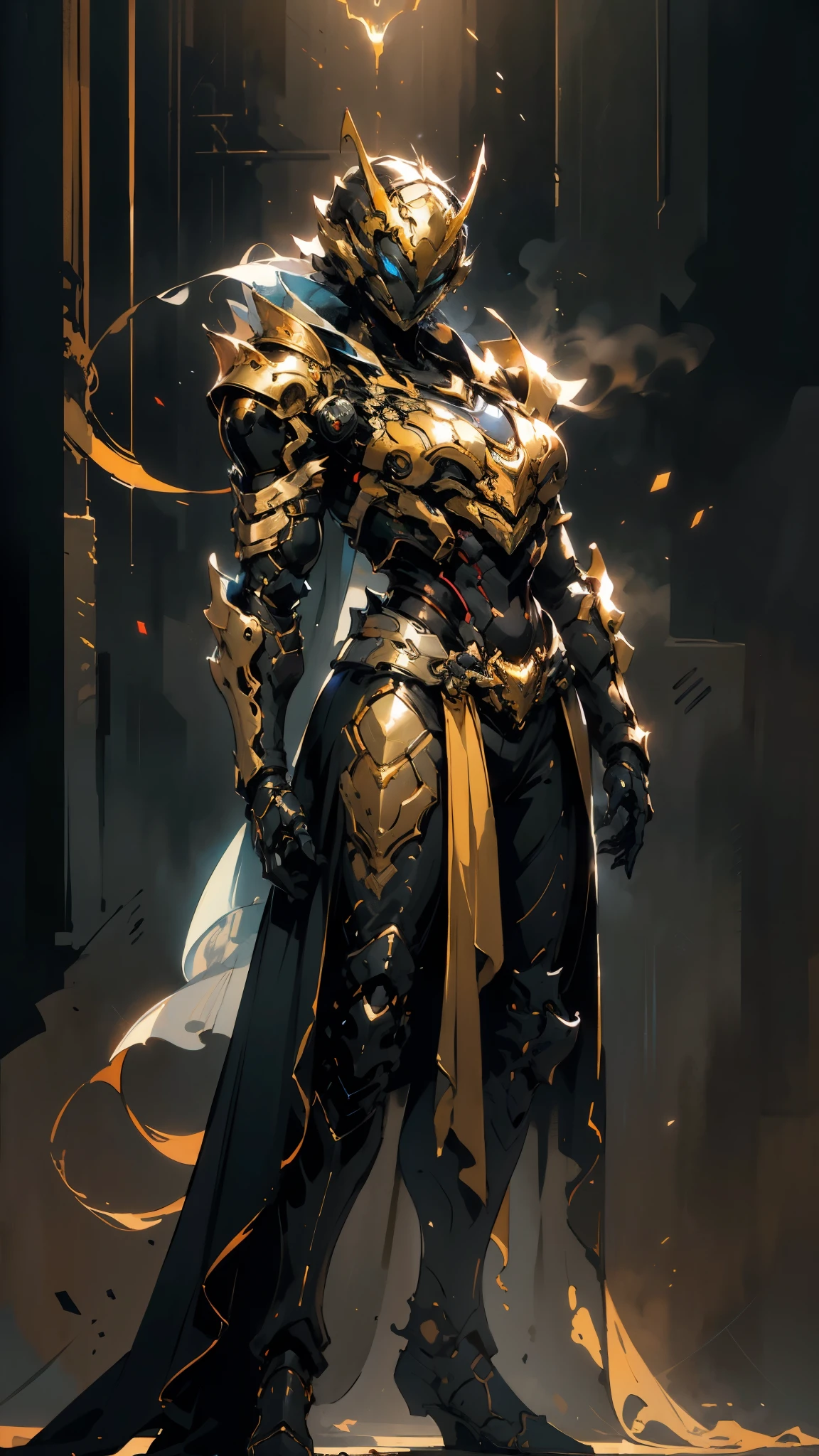 A woman adorned in fantasy-style full-body armor, a crown-concept fully enclosed helmet that unveils only her eyes, a composite layered chest plate, fully encompassing shoulder and hand guards, a lightweight waist armor, form-fitting shin guards, the overall design is heavy-duty yet flexible, (the armor gleams with a golden glow, complemented by red and blue accents), exhibiting a noble aura, she floats above a fantasy-surreal high-tech city, this character embodies a finely crafted fantasy-surreal style armored hero in anime style, exquisite and mature manga art style, (mixture of Queen bee and Spider concept Armor, plasma), ((Element, elegant, goddess, femminine:1.5)), metallic, high definition, best quality, highres, ultra-detailed, ultra-fine painting, extremely delicate, professional, anatomically correct, symmetrical face, extremely detailed eyes and face, high quality eyes, creativity, RAW photo, UHD, 32k, Natural light, cinematic lighting, masterpiece-anatomy-perfect, masterpiece:1.5