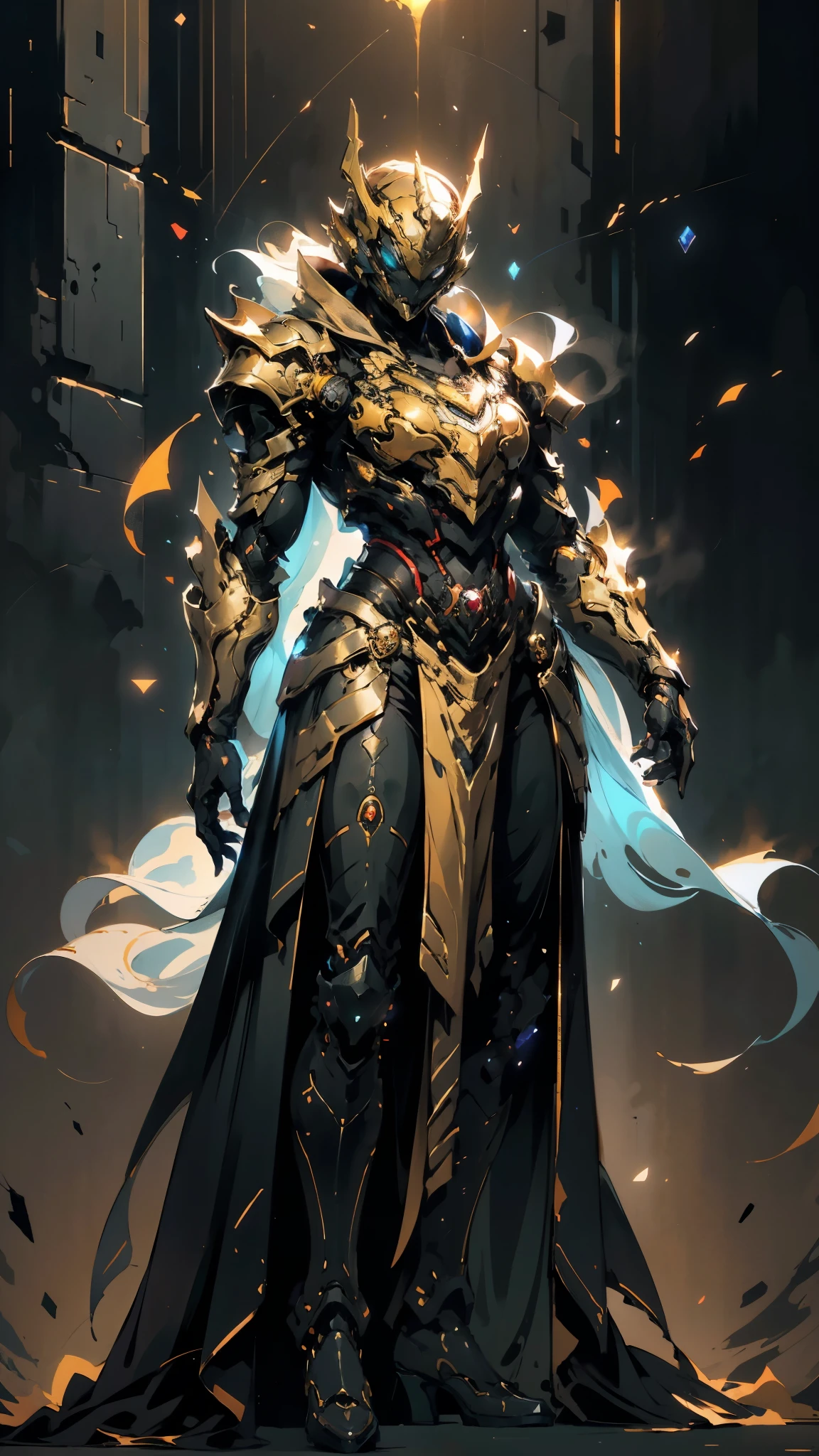 A woman adorned in fantasy-style full-body armor, a crown-concept fully enclosed helmet that unveils only her eyes, a composite layered chest plate, fully encompassing shoulder and hand guards, a lightweight waist armor, form-fitting shin guards, the overall design is heavy-duty yet flexible, (the armor gleams with a golden glow, complemented by red and blue accents), exhibiting a noble aura, she floats above a fantasy-surreal high-tech city, this character embodies a finely crafted fantasy-surreal style armored hero in anime style, exquisite and mature manga art style, (mixture of Queen bee and Spider concept Armor, plasma), ((Element, elegant, goddess, femminine:1.5)), metallic, high definition, best quality, highres, ultra-detailed, ultra-fine painting, extremely delicate, professional, anatomically correct, symmetrical face, extremely detailed eyes and face, high quality eyes, creativity, RAW photo, UHD, 32k, Natural light, cinematic lighting, masterpiece-anatomy-perfect, masterpiece:1.5
