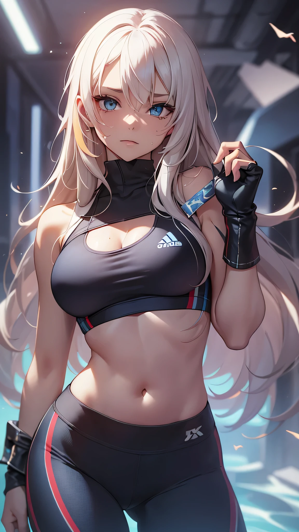 最high quality、best image quality、masterpiece、age girl((20-year-old、 By becoming、vest bust、medium bust,wide open breast tea、black eye, blonde hair、long hair、thin,highest valley、blue sports bra(1:2)、Blue sports pants、stretch、sweating、scattering of sweat、Flushed body、Pose that emphasizes the chest)),high quality、beautiful art、background((fight ring))debris flies、Depth of written boundary、movie、visual art、perfect art、8k,genuine、