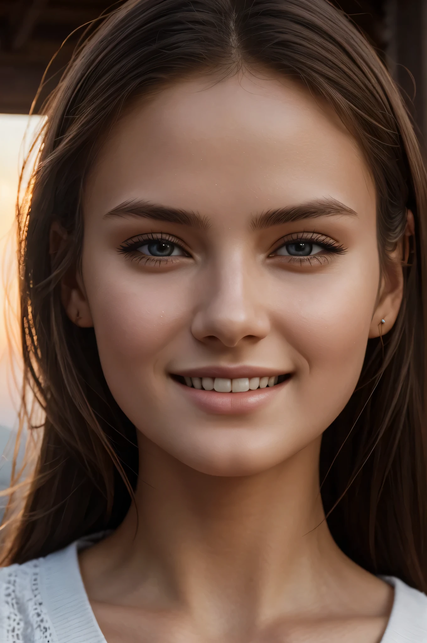 Woman, Slavic, 19 years, photographic portrait, close-up, Cute, Beautiful, (perfect face:1.1), textured leather, skin pores, extremely detailed face, Brown hair, white thin top, Smiling happy face, Atmosphere of happiness, Sunset in the background, (Warm lightning:1.1), perfect lighting, instagram style, 8K High Definition, highly detailed eyes, top quality, Masterpiece, extremely detailed 32k, Best quality, cinematic lighting, HDR, beauty, ultra detailed, amazing