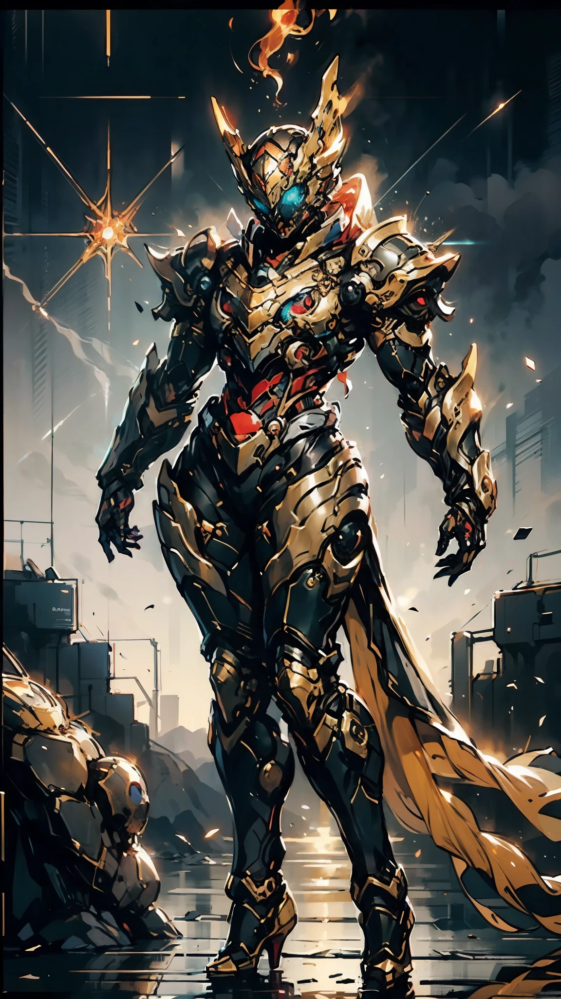 A woman adorned in fantasy-style full-body armor, a crown-concept fully enclosed helmet that unveils only her eyes, a composite layered chest plate, fully encompassing shoulder and hand guards, a lightweight waist armor, form-fitting shin guards, the overall design is heavy-duty yet flexible, (the armor gleams with a golden glow, complemented by red and blue accents), exhibiting a noble aura, she floats above a fantasy-surreal high-tech city, this character embodies a finely crafted fantasy-surreal style armored hero in anime style, exquisite and mature manga art style, (mixture of Queen bee and Spider concept Armor, plasma), ((Element, elegant, goddess, femminine:1.5)), metallic, high definition, best quality, highres, ultra-detailed, ultra-fine painting, extremely delicate, professional, anatomically correct, symmetrical face, extremely detailed eyes and face, high quality eyes, creativity, RAW photo, UHD, 32k, Natural light, cinematic lighting, masterpiece-anatomy-perfect, masterpiece:1.5