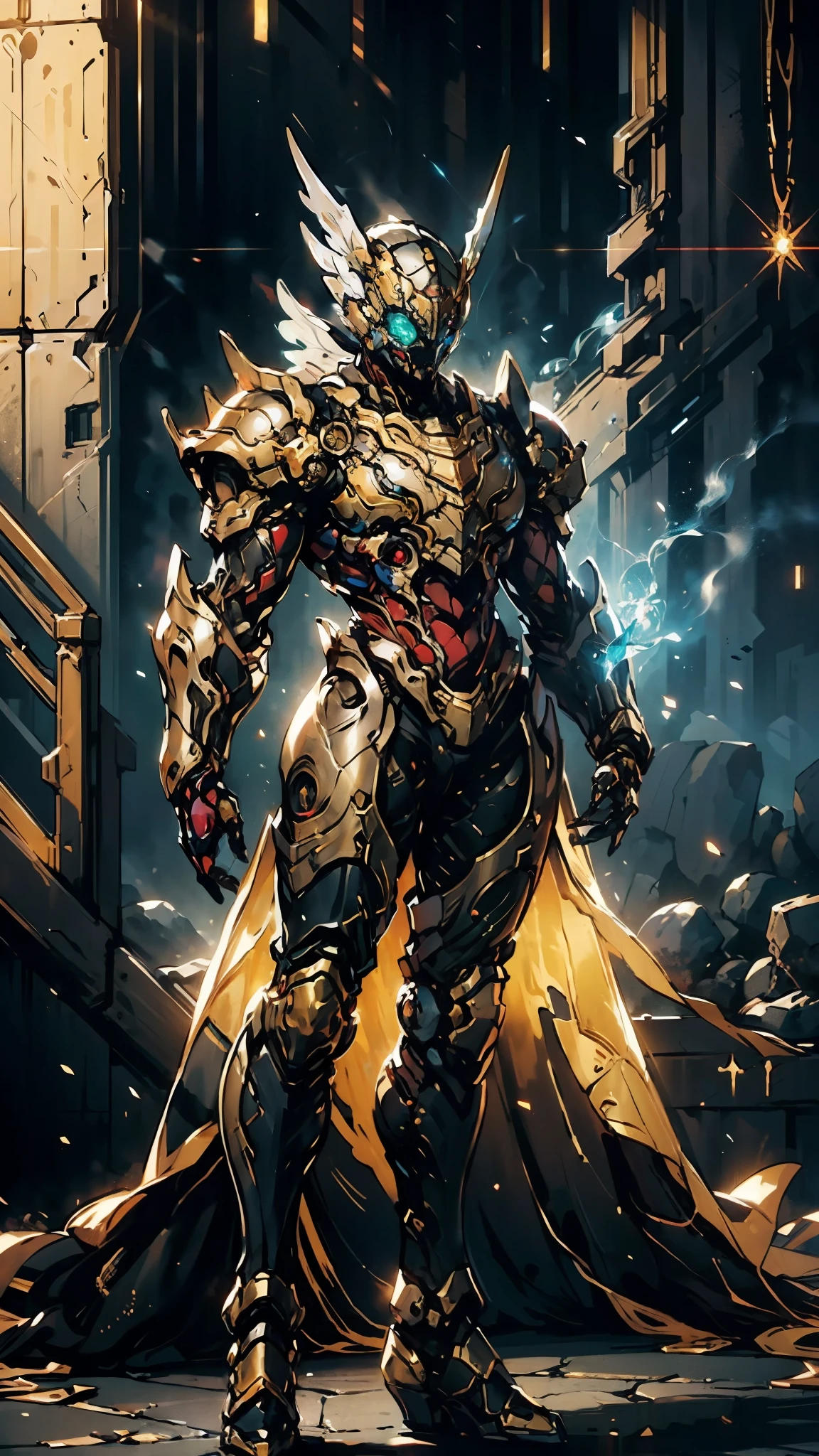 A woman adorned in fantasy-style full-body armor, a crown-concept fully enclosed helmet that unveils only her eyes, a composite layered chest plate, fully encompassing shoulder and hand guards, a lightweight waist armor, form-fitting shin guards, the overall design is heavy-duty yet flexible, (the armor gleams with a golden glow, complemented by red and blue accents), exhibiting a noble aura, she floats above a fantasy-surreal high-tech city, this character embodies a finely crafted fantasy-surreal style armored hero in anime style, exquisite and mature manga art style, (mixture of Queen bee and Spider concept Armor, plasma), ((Element, elegant, goddess, femminine:1.5)), metallic, high definition, best quality, highres, ultra-detailed, ultra-fine painting, extremely delicate, professional, anatomically correct, symmetrical face, extremely detailed eyes and face, high quality eyes, creativity, RAW photo, UHD, 32k, Natural light, cinematic lighting, masterpiece-anatomy-perfect, masterpiece:1.5