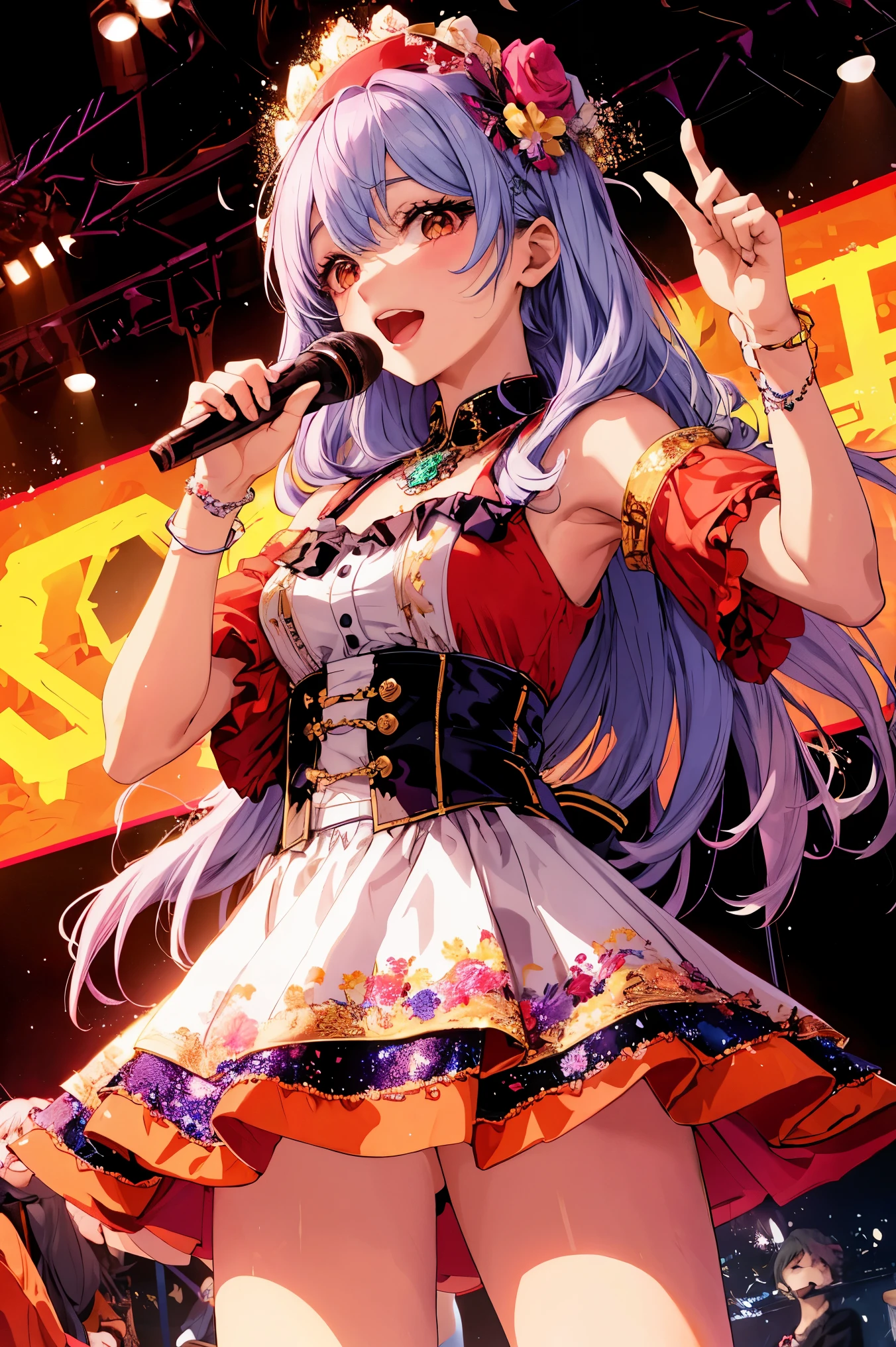 Very beautiful and beautiful K-POP female idol, singing at live stage in gondola,
break,
whole body, singing scene, dress scene, looking at the viewer,
break,
Expressing idols in bright colors, Expressing idol dresses in colorful colors, Expressing the idol's singing voice in warm colors