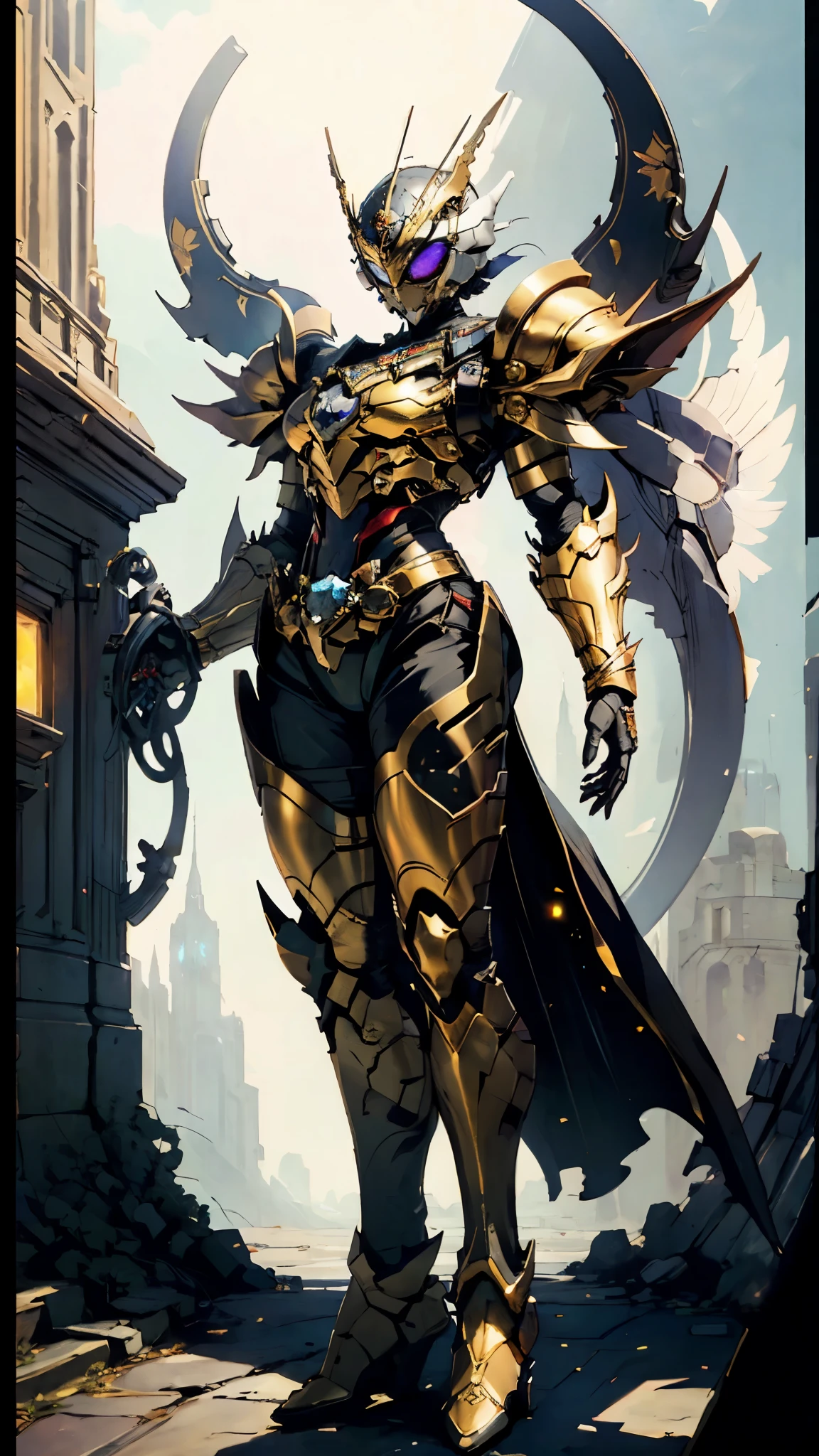 A woman adorned in fantasy-style full-body armor, a crown-concept fully enclosed helmet that unveils only her eyes, a composite layered chest plate, fully encompassing shoulder and hand guards, a lightweight waist armor, form-fitting shin guards, the overall design is heavy-duty yet flexible, (the armor gleams with a golden glow, complemented by red and blue accents), exhibiting a noble aura, she floats above a fantasy-surreal high-tech city, this character embodies a finely crafted fantasy-surreal style armored hero in anime style, exquisite and mature manga art style, (mixture of Queen bee and Spider concept Armor, plasma), ((Element, elegant, goddess, femminine:1.5)), metallic, high definition, best quality, highres, ultra-detailed, ultra-fine painting, extremely delicate, professional, anatomically correct, symmetrical face, extremely detailed eyes and face, high quality eyes, creativity, RAW photo, UHD, 32k, Natural light, cinematic lighting, masterpiece-anatomy-perfect, masterpiece:1.5