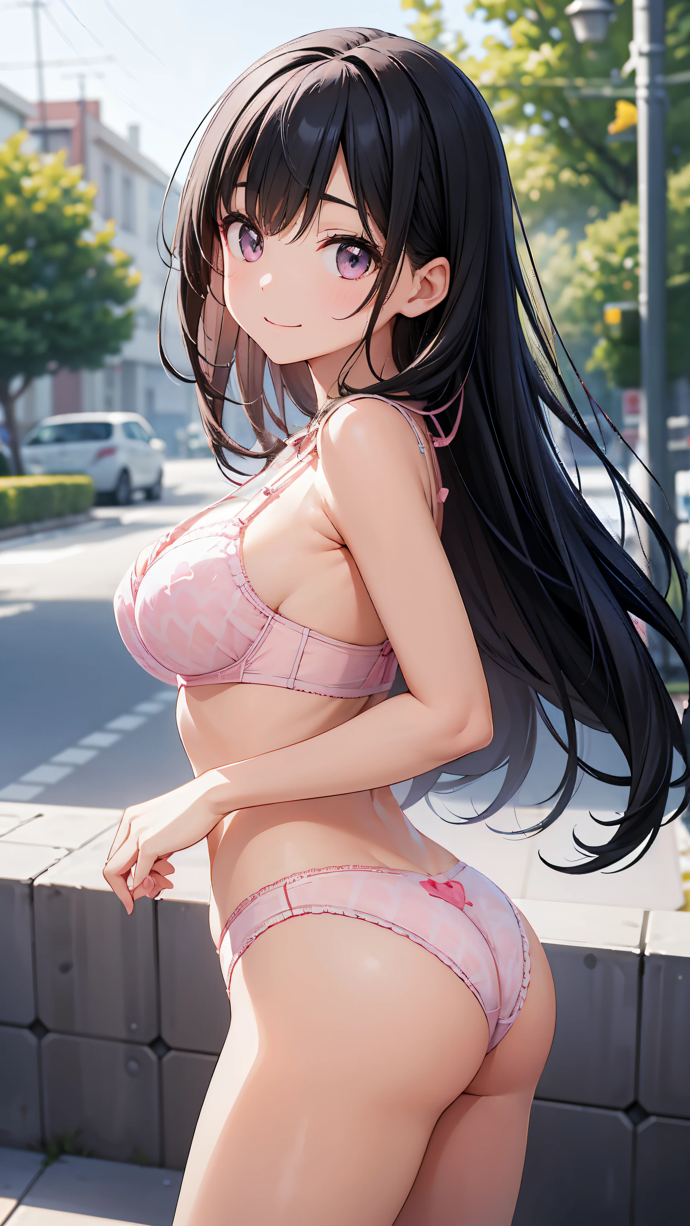 pieces fly、highest quality、High resolution、nffsw、perfect pixel、1 girl、cute、perfect body、anatomically correct、beautiful eyelashes, realistic eyes、smile、((Clear pink heart pattern bra))、((Clear pink heart pattern pants))、wearing only underwear、smooth texture:0.75、outdoor blue sky、I can see your pants、I can see your bra、Bright overall、cinematic light、black hair、brown eyes、angle from behind、Turn your towards you