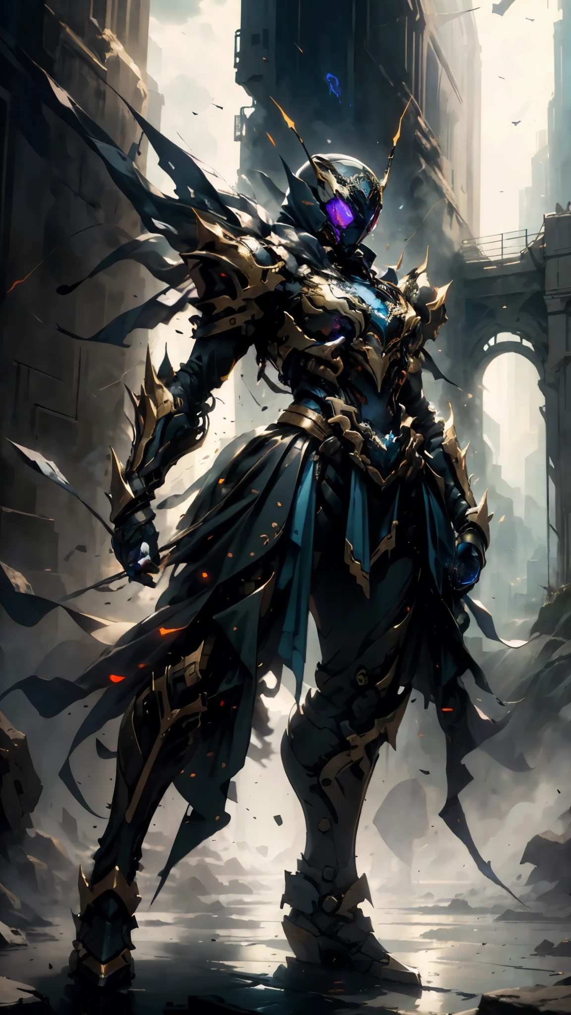 A woman adorned in fantasy-style full-body armor, a crown-concept fully enclosed helmet that unveils only her eyes, a composite layered chest plate, fully encompassing shoulder and hand guards, a lightweight waist armor, form-fitting shin guards, the overall design is heavy-duty yet flexible, (the armor gleams with a golden glow, complemented by red and blue accents), exhibiting a noble aura, she floats above a fantasy-surreal high-tech city, this character embodies a finely crafted fantasy-surreal style armored hero in anime style, exquisite and mature manga art style, (mixture of Queen bee and Spider concept Armor, plasma), ((Element, elegant, goddess, femminine:1.5)), metallic, high definition, best quality, highres, ultra-detailed, ultra-fine painting, extremely delicate, professional, anatomically correct, symmetrical face, extremely detailed eyes and face, high quality eyes, creativity, RAW photo, UHD, 32k, Natural light, cinematic lighting, masterpiece-anatomy-perfect, masterpiece:1.5