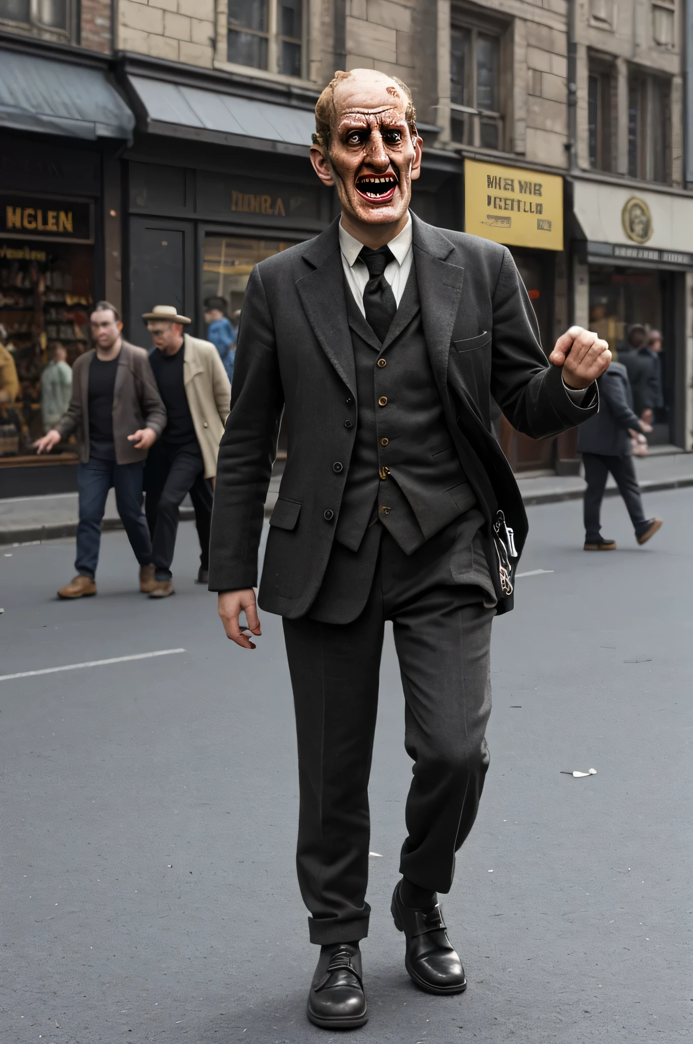 hyper-realistic person walking down the street with a very old, curious and fun device from 1915 embedded in his head, hands and feet, the unidentified device makes the person's movements anarchic and meaningless, he walks sobbing , when the device breaks down the person screams and suffers, many people come to help, sunny and cheerful background, super detailed, ultra-realistic, studio quality, 48k / HD, normal contrast, hyper-realistic shadows, octane