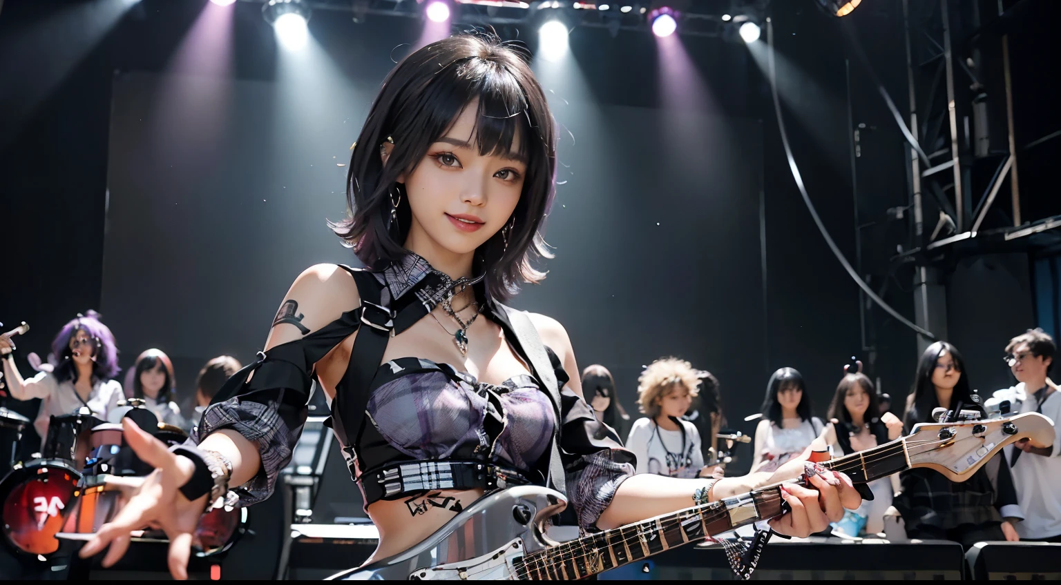 Circular image, (Masterpiece: 1.3), (Best Quality: 1.2), (Masterpiece), High Quality, High Definition, (Five Persons: 1.4), (Round Image)), ((Fisheye)), [(Metallic Silver Background: 1.1): 5], [(Rock Band Stage with 5 Girls Cuddling: 1): 5], Girl Rock Band, (((vocals, electric guitar, drums: 1.2)), cute, floating, flashy, [(punk rocker outfit, revealing clothes:1.2): 5], {{{Five persons}}}}, ((good anatomy: 1.2)), ((black)) short bob hair (purple and (silver)), black pantyhose, (seductive smile), (random pose), watch the viewer, fluffy miniskirt, (((plaid:1.2)), ((just cute)), perfect body, perfect number of legs, perfect fingers, punk accessories
