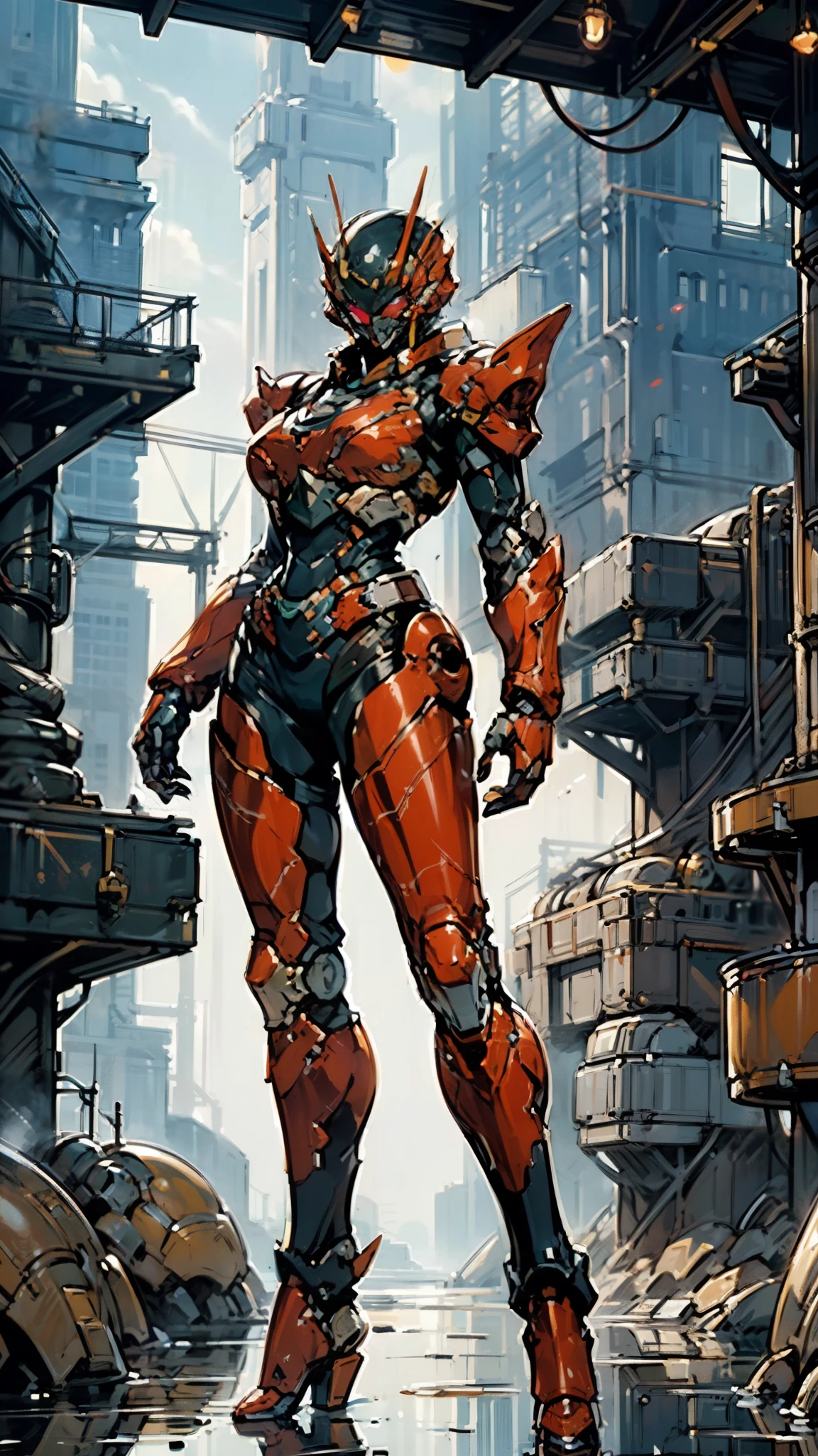 A woman adorned in fantasy-style full-body armor, a crown-concept fully enclosed helmet that unveils only her eyes, a composite layered chest plate, fully encompassing shoulder and hand guards, a lightweight waist armor, form-fitting shin guards, the overall design is heavy-duty yet flexible, (the armor gleams with a golden glow, complemented by red and blue accents), exhibiting a noble aura, she floats above a fantasy-surreal high-tech city, this character embodies a finely crafted fantasy-surreal style armored hero in anime style, exquisite and mature manga art style, (mixture of Queen bee and Spider concept Armor, plasma), ((Element, elegant, goddess, femminine:1.5)), metallic, high definition, best quality, highres, ultra-detailed, ultra-fine painting, extremely delicate, professional, anatomically correct, symmetrical face, extremely detailed eyes and face, high quality eyes, creativity, RAW photo, UHD, 32k, Natural light, cinematic lighting, masterpiece-anatomy-perfect, masterpiece:1.5