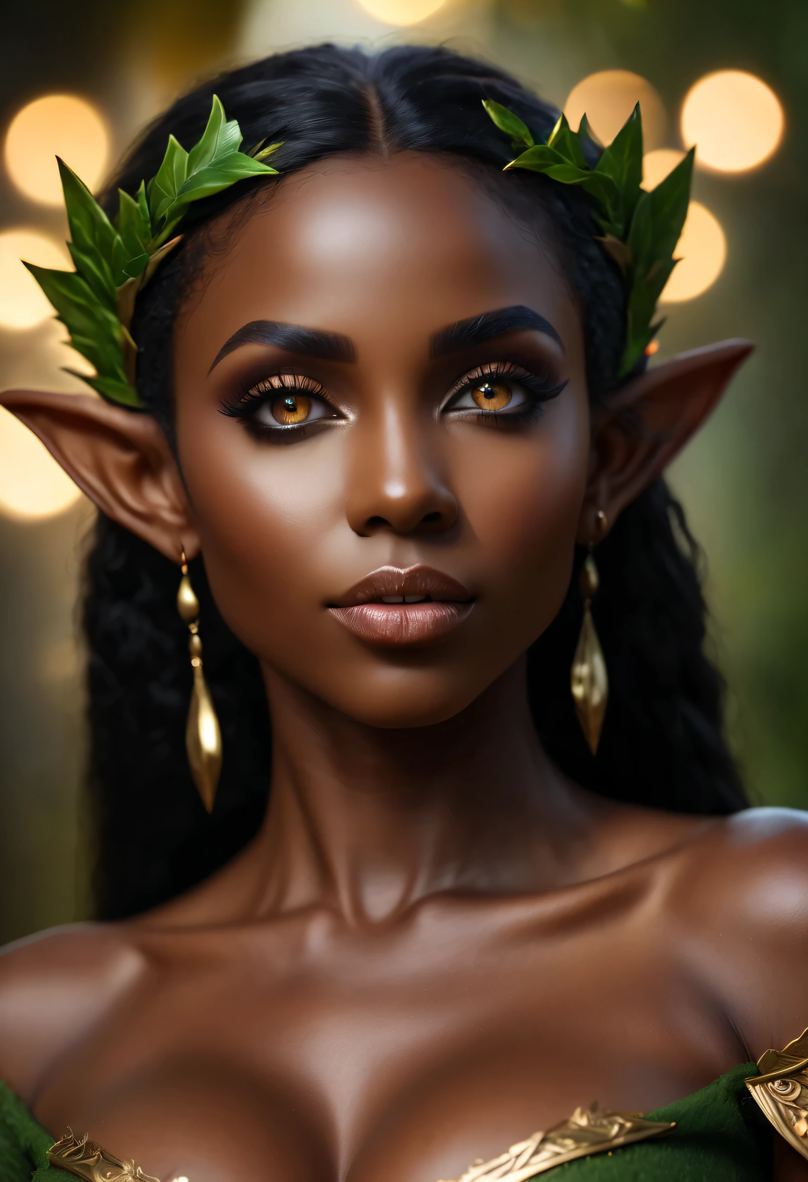 4k highly detailed realistic digital extremely high quality RAW photograph, a portrait photo of Osa Lovely as a fantasy elf queen, ebony, (beautiful and detailed eyes: 1.1), bimbo, seductive, sexy, large breasts, epic, hyperrealistic, hyperrealism, 8k, cinematic lighting, (f1.8 short focus bokeh)