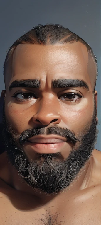 black man, 34 years old, with sunglasses, lumberjack beard, no shirt,