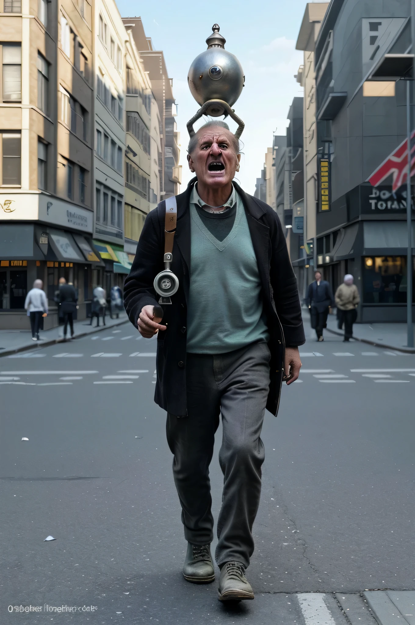 hyper-realistic person walking down the street with a very old, curious and fun device from 1915 embedded in his head, hands and feet, the unidentified device makes the person's movements anarchic and meaningless, he walks sobbing , when the device breaks down the person screams and suffers, many people come to help, sunny and cheerful background, super detailed, ultra-realistic, studio quality, 48k / HD, normal contrast, hyper-realistic shadows, octane render, hyper-high quality