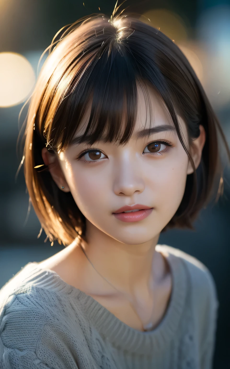 (Photoreal:1.4), (surreal:1.4), (smooth lighting:1.05), 1 girl, (sad:1.4), mouth is slightly open, pure beauty, 22 years ago, soft lighting, Backlight, (cheerfulness:1.2), (Finest realistic skin texture), narrow eyes, super detailed face, glowing skin, retina, anatomically correct, acura, Super detailed, rough skin, high quality, advanced details, 最high quality, High resolution, short hair, bangs, sweater