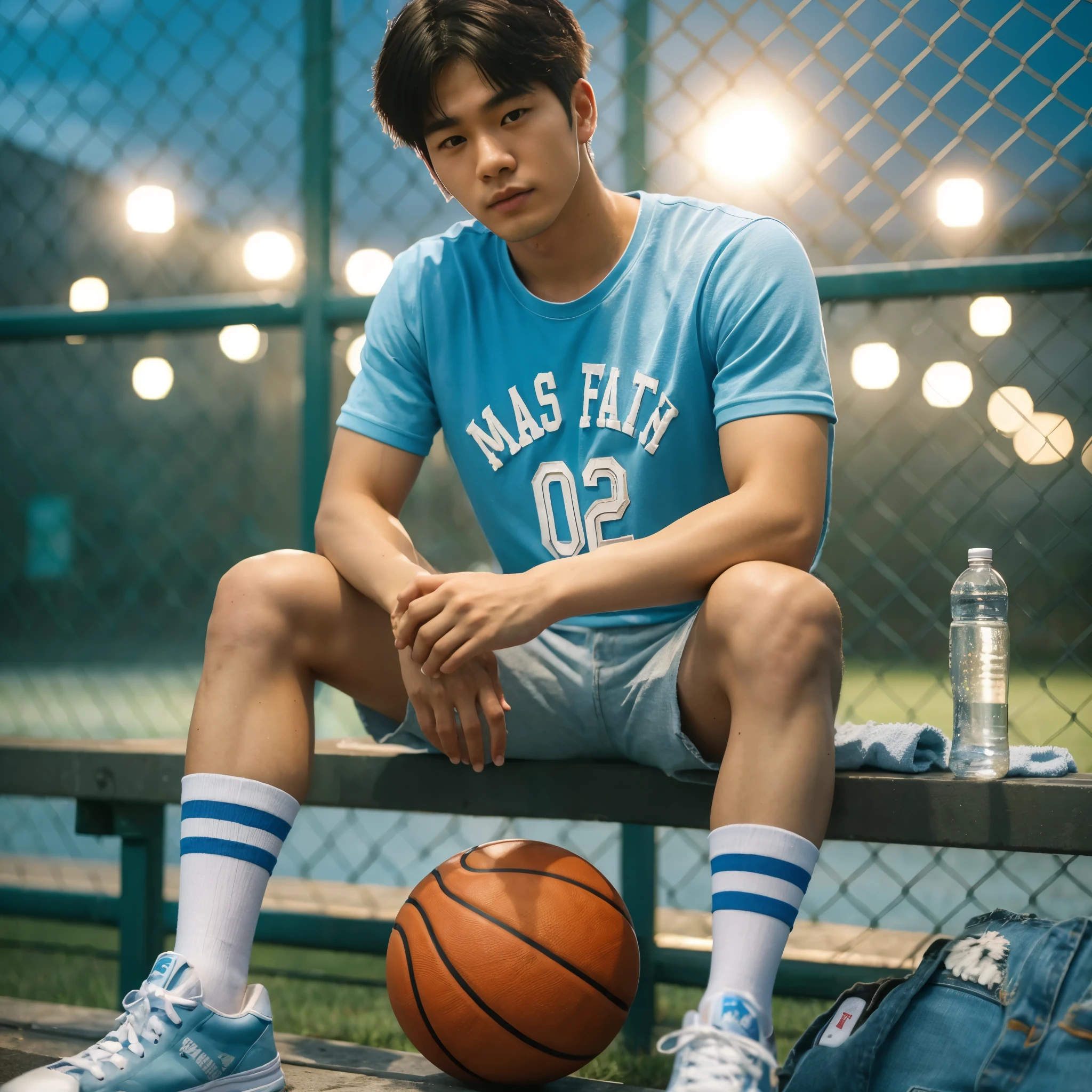 Create an image of a 25 year old Korean man, fit body with two block hair, wearing a sky blue basketball shirt with text "Mas Fath 02", short jeans and white shoes, sitting on a bench in front of a court fence, a cinematic bokeh background, showing a basketball court with lights, a basketball, a small towel, a drinking bottle, 85mm lens portrait, street clothes, realistic, hyperrealistic, photography, Highly resolution