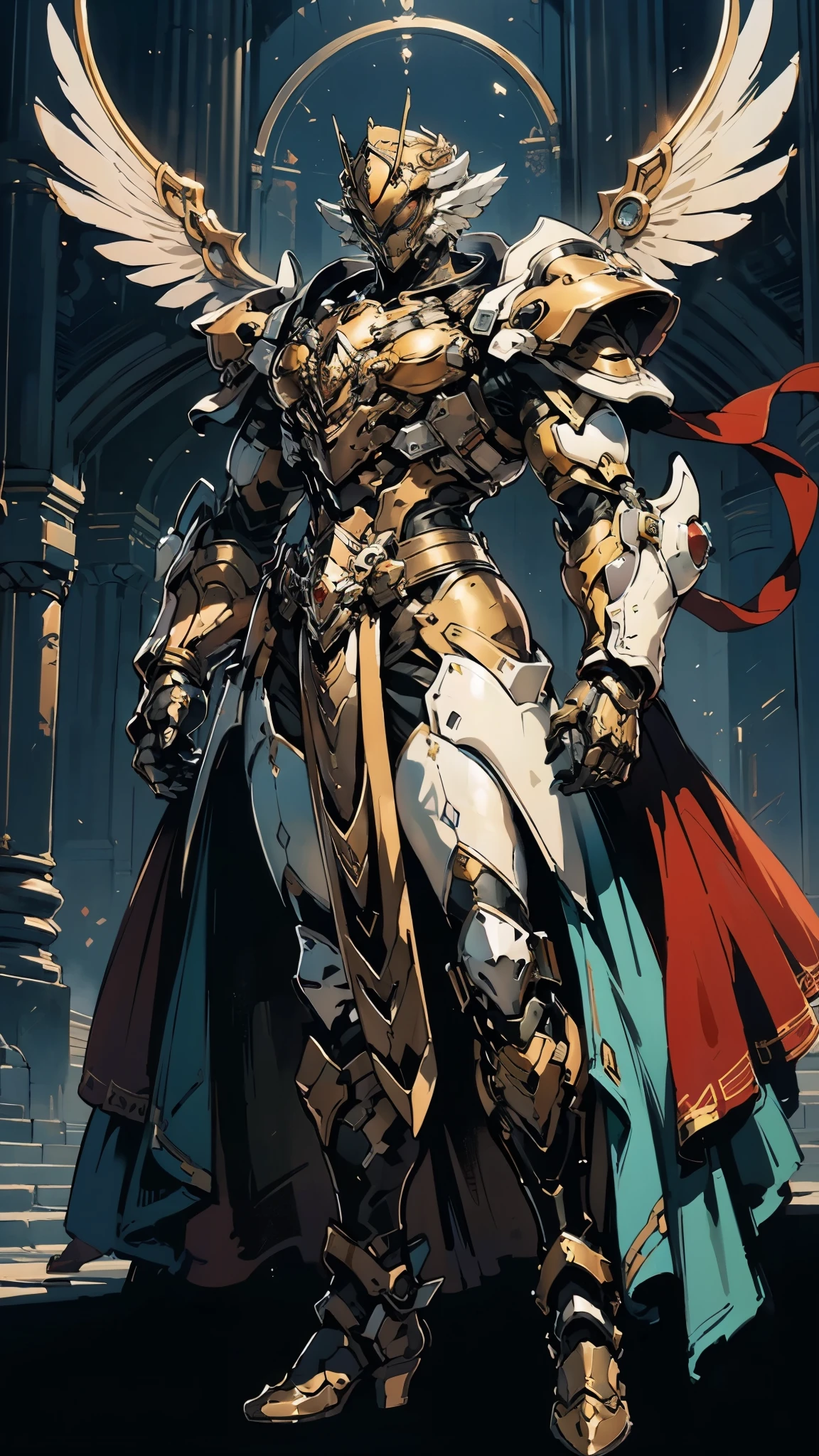 A woman adorned in fantasy-style full-body armor, a crown-concept fully enclosed helmet that unveils only her eyes, a composite layered chest plate, fully encompassing shoulder and hand guards, a lightweight waist armor, form-fitting shin guards, the overall design is heavy-duty yet flexible, (the armor gleams with a golden glow, complemented by red and blue accents), exhibiting a noble aura, she floats above a fantasy-surreal high-tech city, this character embodies a finely crafted fantasy-surreal style armored hero in anime style, exquisite and mature manga art style, (mixture of Queen bee and Spider concept Armor, plasma), ((Element, elegant, goddess, femminine:1.5)), metallic, high definition, best quality, highres, ultra-detailed, ultra-fine painting, extremely delicate, professional, anatomically correct, symmetrical face, extremely detailed eyes and face, high quality eyes, creativity, RAW photo, UHD, 32k, Natural light, cinematic lighting, masterpiece-anatomy-perfect, masterpiece:1.5