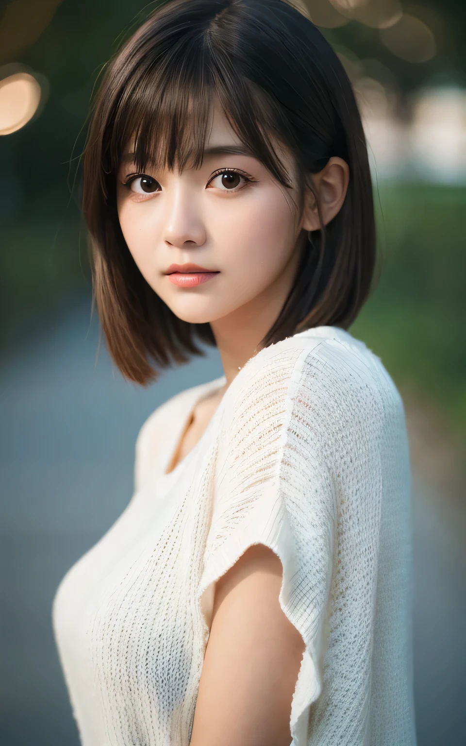 masterpiece, highest quality, 8k, 20th generation, big breasts, cute, alone, sad, cute, Girly, delicate girl, pure beauty, RAW photo, professional photography, portrait, soft light, professional lighting, Backlight, Upper body, avert your eyes, Sophisticated, film grain, (Eye and face details:1.0), short length floating hair, beautiful flowing hair, bangs, sweater,