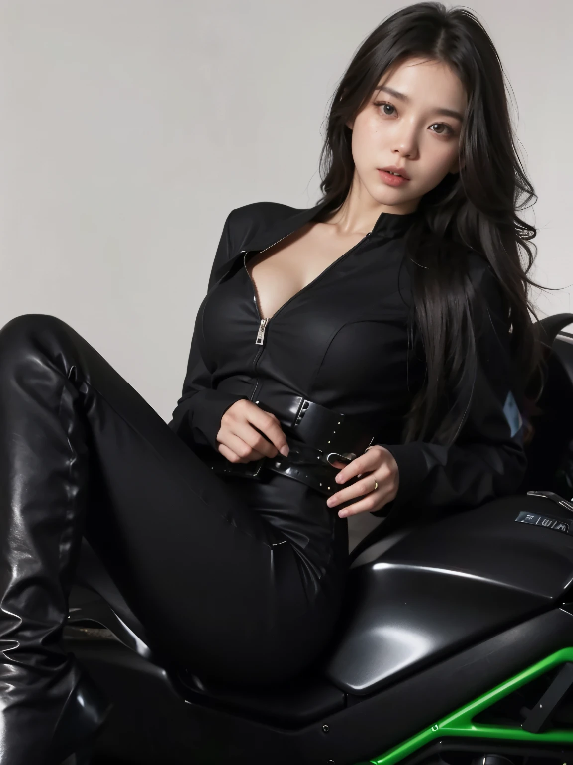Mujer araffe vestida de cuero negro sentada en una motocicleta, iu lee ji-eun como supervillano, Park Shin Hye as a super villain, sentado en una moto cyberpunk, vistiendo ropa negra ajustada, tight black clothes, vistiendo un traje de cuero completo, traje ajustado, wearing a black traje de gato, traje de gato, toda la ropa negra cyberpunk, villana