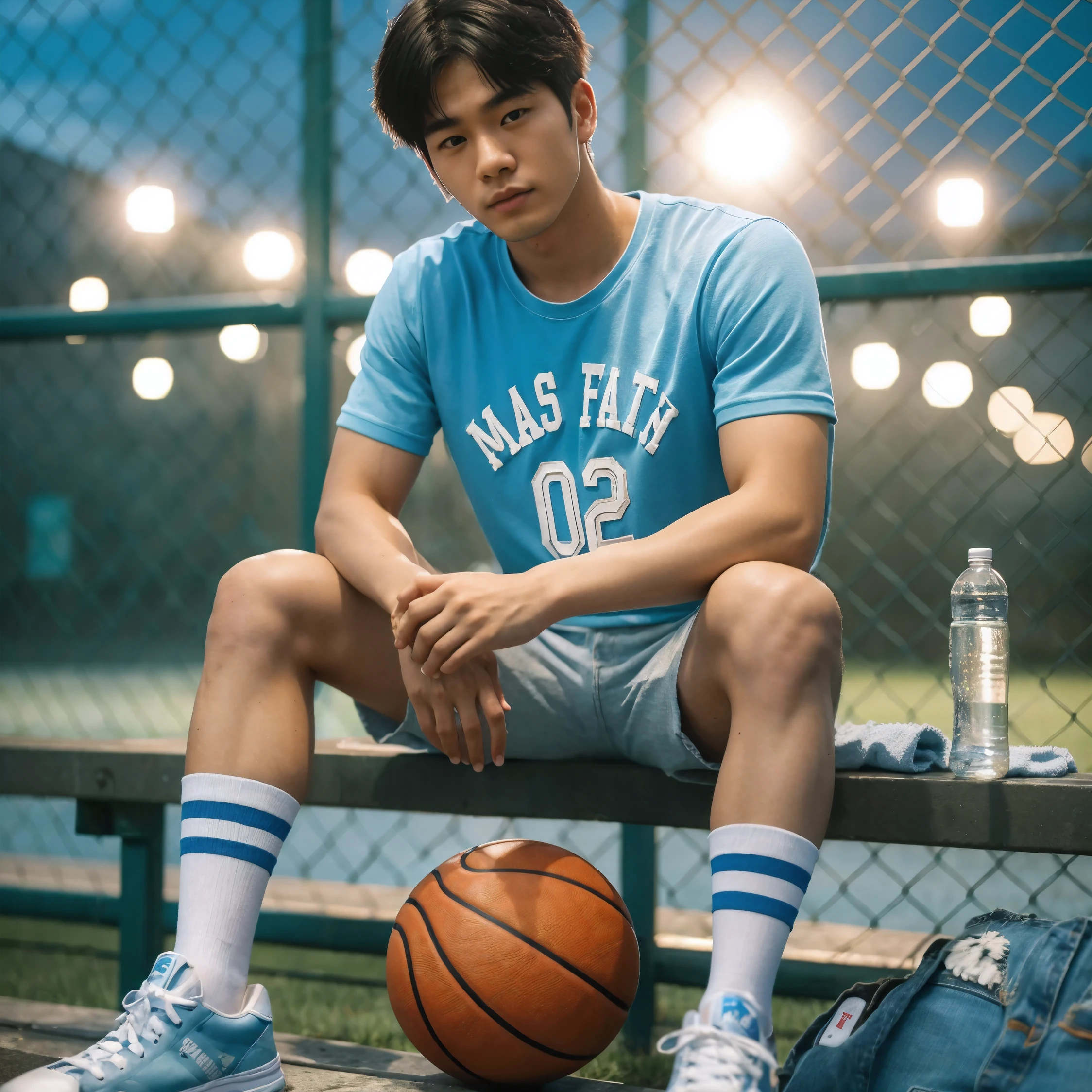 Create an image of a 25 year old Korean man, fit body with two block hair, wearing a sky blue basketball shirt with text "Mas Fath 02", short jeans and white shoes, sitting on a bench in front of a court fence, a cinematic bokeh background, showing a basketball court with lights, a basketball, a small towel, a drinking bottle, 85mm lens portrait, street clothes, realistic, hyperrealistic, photography, Highly resolution