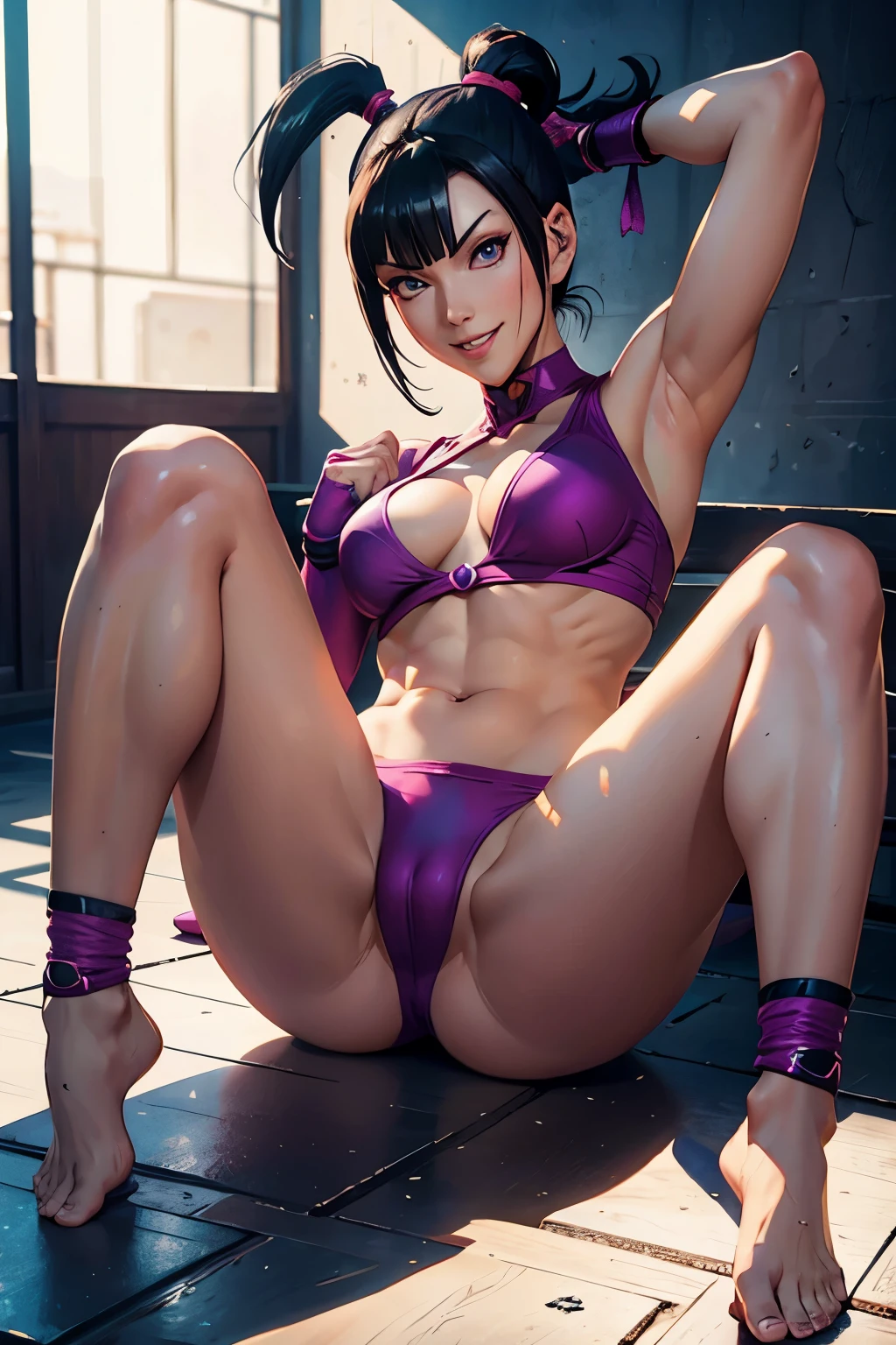 ninja woman, juri from street fighter, small breast, fit body, barefoot, smiling, inside dodjo, aesthetic, full body, high detailed image, masterpiece, realistic photo