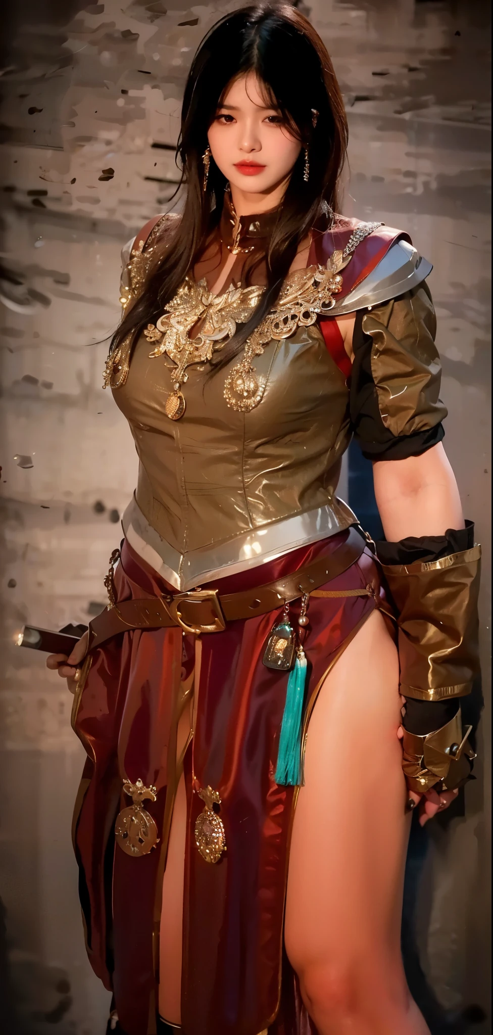(Obra maestra, La mejor calidad) (young warrior woman of nordic descent), (ojos verdes), (Muscular), (falda de piel), (brown hair color),(loose hair with small braids on the scalp), (top con correa de cuero) plumas, capa sobre el hombro, bufas, (azul, gray and brown suit).