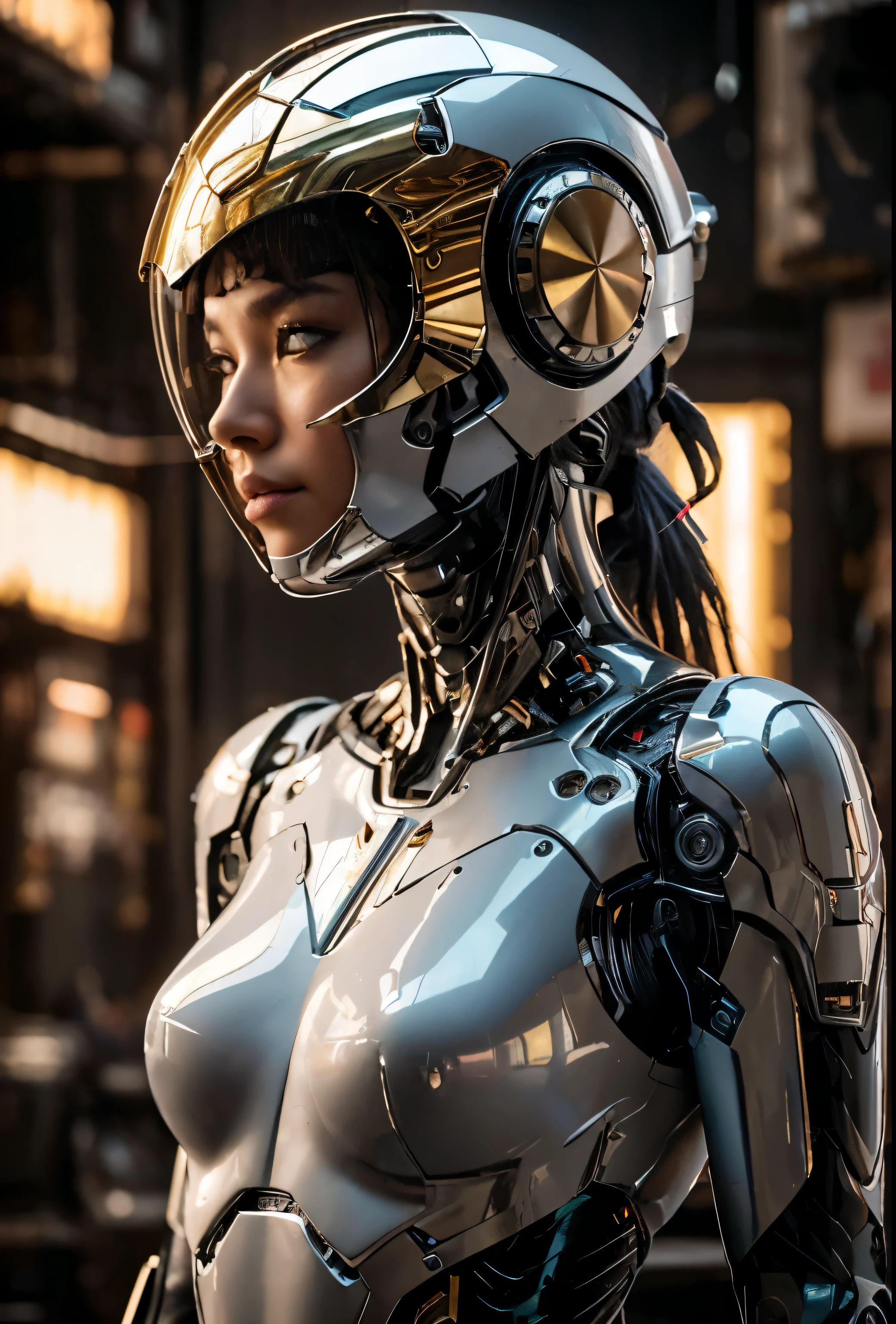 best quality, masterpiece, ultra-detailed, cinematic scene inspired by Michael bay , action scene, facing foward, kungfu pose,high kick, 1girl faceless futuristik fitted helmet with galaxy visor, wide angle shot, Silver and 24karat Gold cyberpunk characters, intricate details robotics body Part, detailed polished silver and Golden, Balinese Ornament, traditional Carved Body, polished body, Futuristik junkyard with floating City on top as background, perfect lighting, every wrinkle and texture visible, creating a visually striking and powerful composition, detailed body, detailed, detailed hands, detailed finger, detailed robotics part, detailed environment, detailed ornament, reflection seen on visor