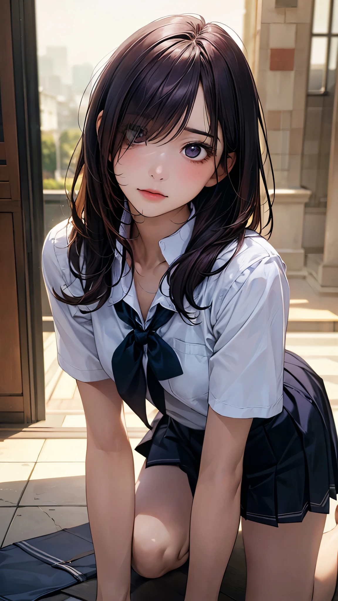 (masterpiece:1.2, top-quality), (realistic, photorealistic:1.4), beautiful illustration, (natural side lighting, movie lighting), nsfw,
looking at viewer, face focus, upper body, 1 girl, japanese, high school girl, perfect face, cute and symmetrical face, shiny skin,
(long hair:1.5, straight hair:1.4, dark purple hair), hair over one eye, dark purple, long eye lasher, (medium breasts), slender,
beautiful hair, beautiful face, beautiful detailed eyes, beautiful clavicle, beautiful body, beautiful chest, beautiful thigh, beautiful legs, beautiful fingers,
((detailed cloth texture, short sleeves white collared shirts, navy pleated mini skirt), black tie),
(beautiful scenery), evening, (school), (all fours), (confused, sad),