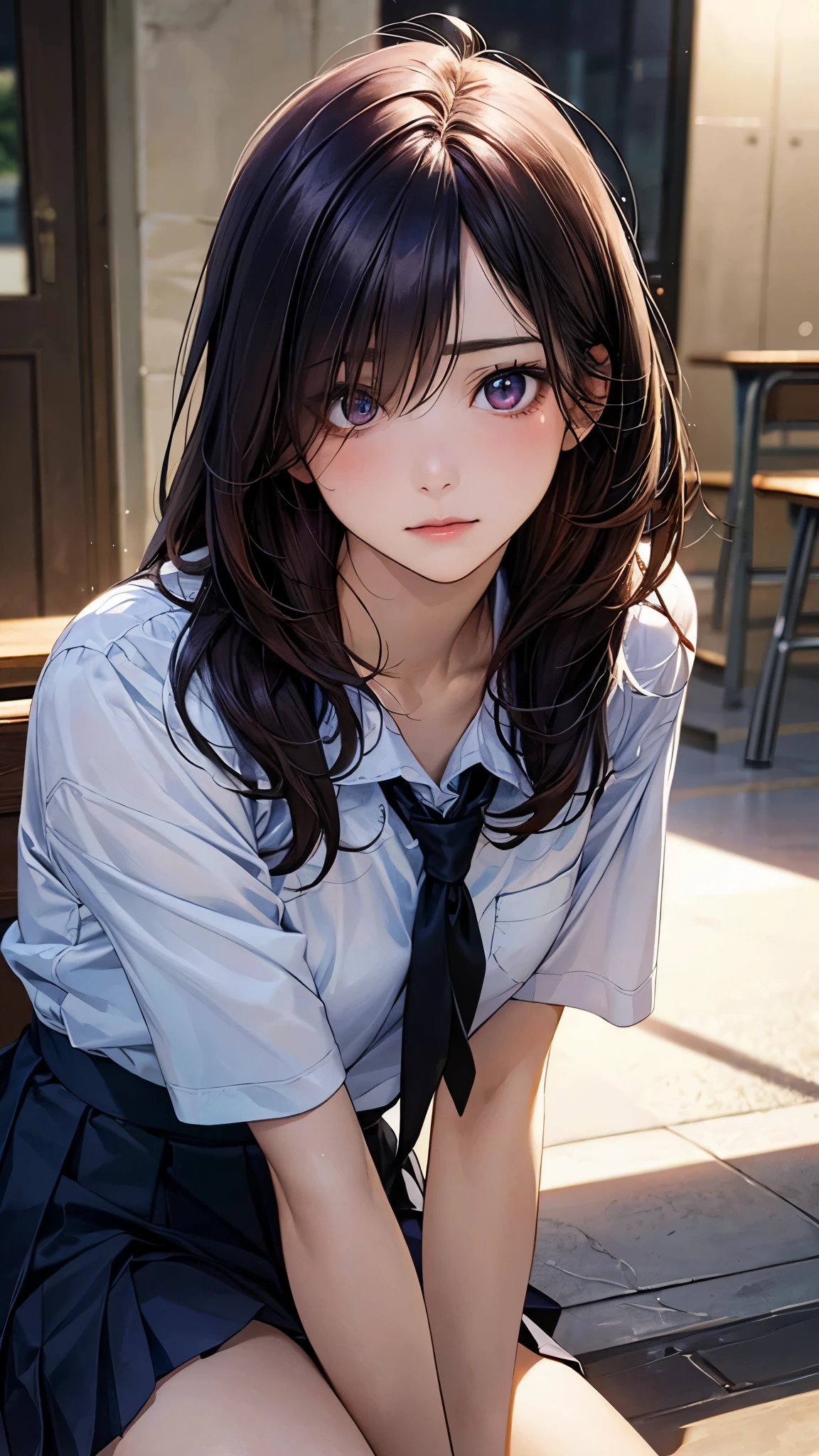 (masterpiece:1.2, top-quality), (realistic, photorealistic:1.4), beautiful illustration, (natural side lighting, movie lighting), nsfw,
looking at viewer, side view, 1 girl, japanese, high school girl, perfect face, cute and symmetrical face, shiny skin,
(middle hair:1.6, straight hair:1.2, long sidelocks, blonde hair), parted bangs, blue eyes, long eye lasher, (large breasts:1.1, seductive thighs),
beautiful hair, beautiful face, beautiful detailed eyes, beautiful clavicle, beautiful body, beautiful chest, beautiful thigh, beautiful legs,
((detailed cloth texture, long sleeves white collared shirts, light purple plaid pleated skirt, light purple plaid bow tie, socks)),
(beautiful scenery), evening, sidewalk, wall side, squatting, (crying, close eyes, hands covering mouth),