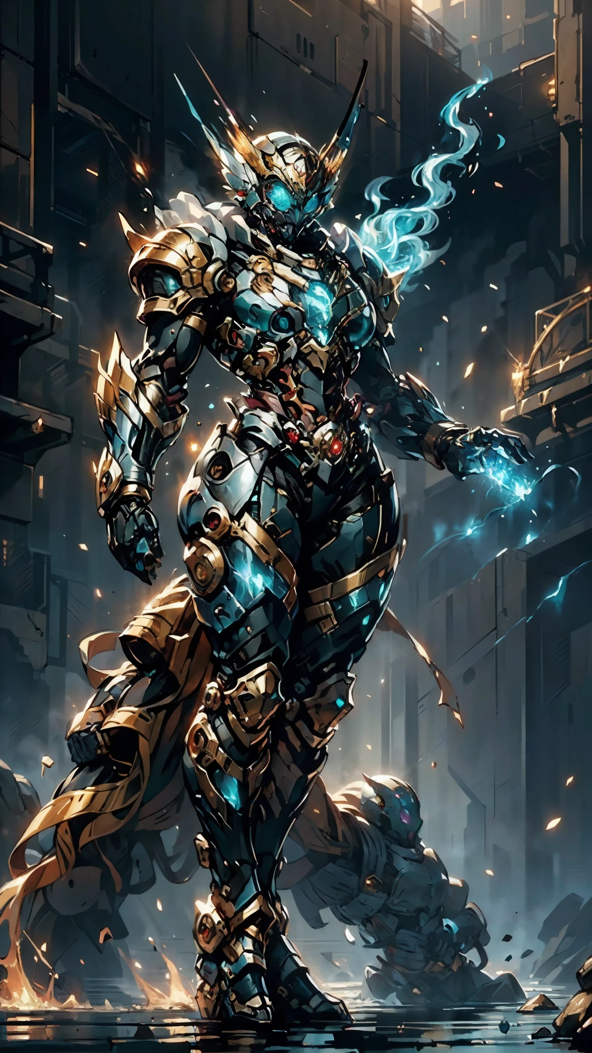 A woman adorned in fantasy-style full-body armor, a crown-concept fully enclosed helmet that unveils only her eyes, a composite layered chest plate, fully encompassing shoulder and hand guards, a lightweight waist armor, form-fitting shin guards, the overall design is heavy-duty yet flexible, (the armor gleams with a golden glow, complemented by red and blue accents), exhibiting a noble aura, she floats above a fantasy-surreal high-tech city, this character embodies a finely crafted fantasy-surreal style armored hero in anime style, exquisite and mature manga art style, (mixture of Queen bee and Spider concept Armor, plasma), ((Element, elegant, goddess, femminine:1.5)), metallic, high definition, best quality, highres, ultra-detailed, ultra-fine painting, extremely delicate, professional, anatomically correct, symmetrical face, extremely detailed eyes and face, high quality eyes, creativity, RAW photo, UHD, 32k, Natural light, cinematic lighting, masterpiece-anatomy-perfect, masterpiece:1.5