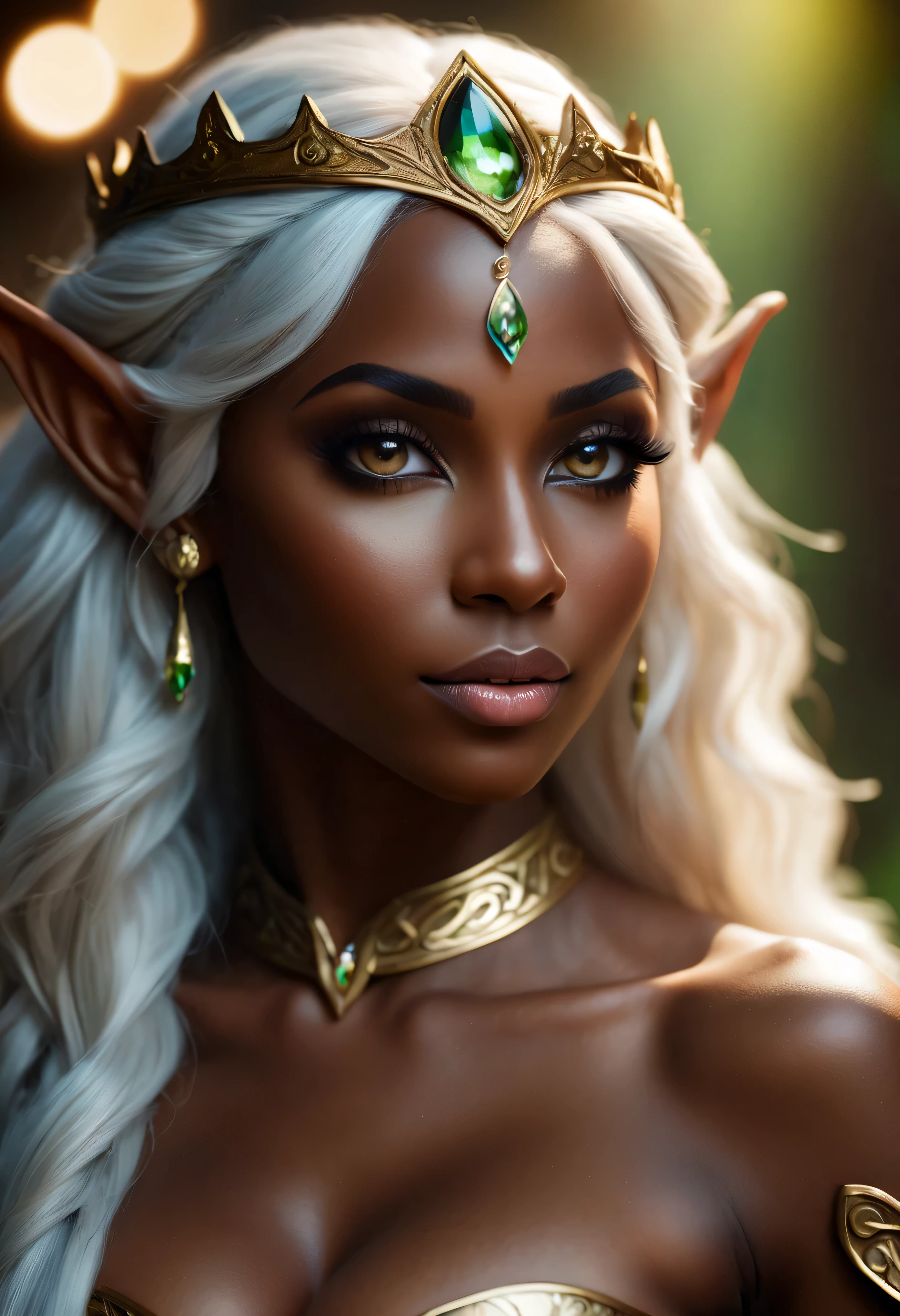4k highly detailed realistic digital extremely high quality RAW photograph, a portrait photo of Osa Lovely as a fantasy elf queen, ebony, (beautiful and detailed eyes: 1.1), bimbo, seductive, sexy, large breasts, epic, hyperrealistic, hyperrealism, 8k, cinematic lighting, (f1.8 short focus bokeh)