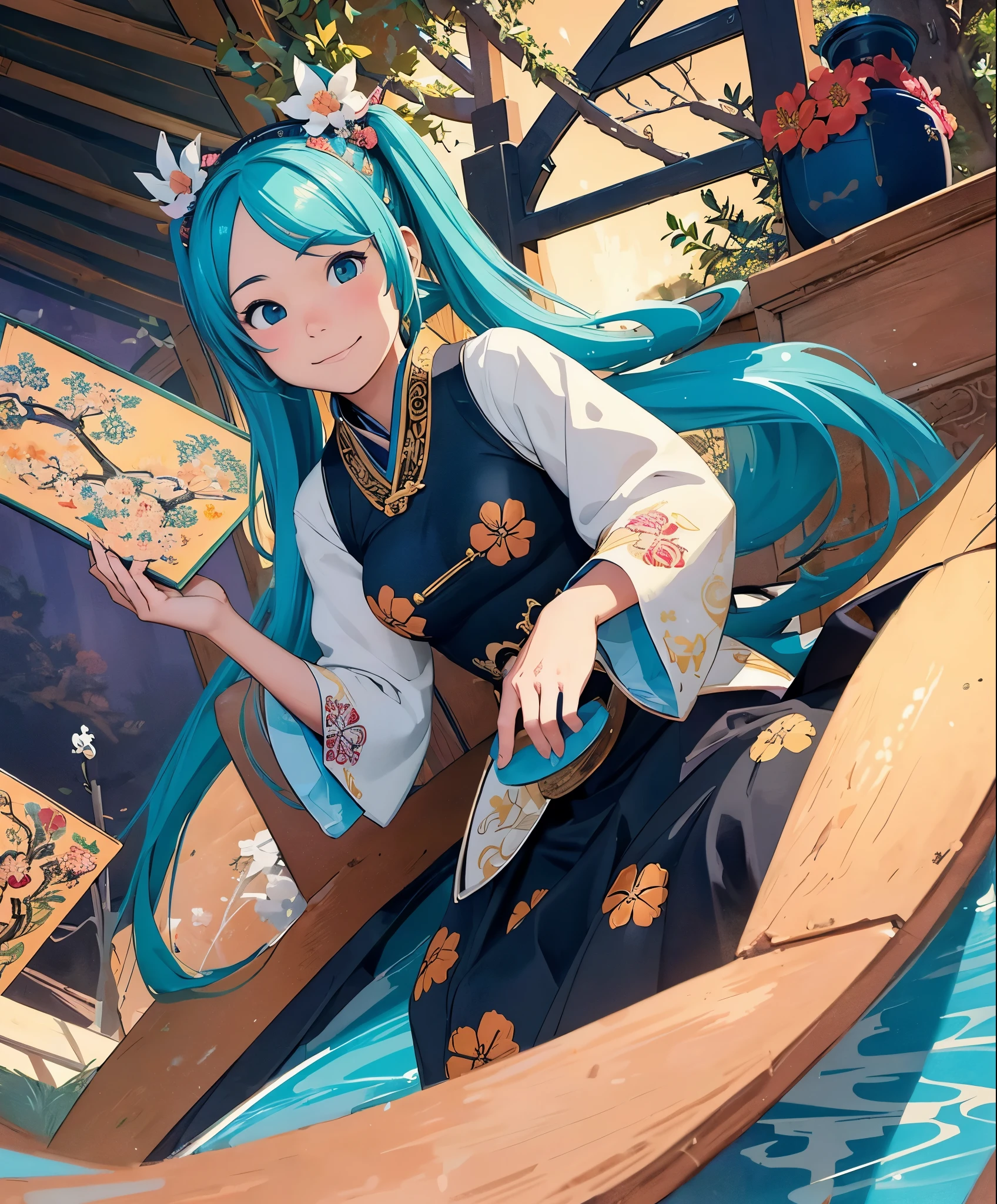 (masterpiece、最high quality、最high quality、official art、beautiful beautiful:1.2)、(1 girl:1.3)Hatsune Miku、big breasts、twin tails、adorable smile、very detailed、beauty of ancient china, charming temperament, Flowing long skirt, clean face, beautiful eyes, Surrounding osmanthus, 完璧なボディ構造プロポーションのmasterpiece, Super detailed, magnificent composition, Color tattoo art, New Traditional Tattoo Art, sd tattoo designs, Color tattoo art, Mysterious, warm and friendly atmosphere, super realistic painting, super hd, high quality, 最high quality, 32k --v6