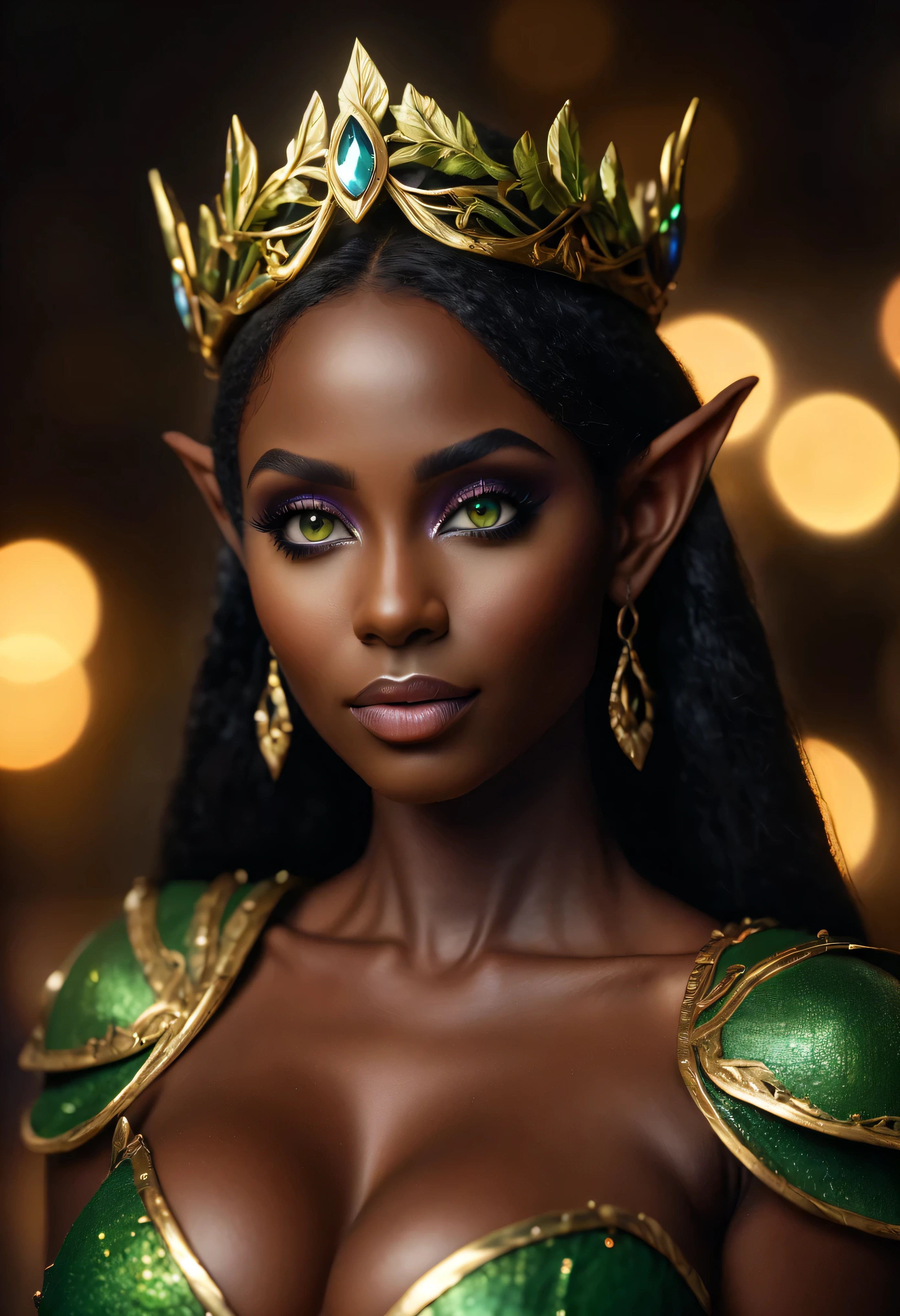 4k highly detailed realistic digital extremely high quality RAW photograph, a portrait photo of Osa Lovely as a fantasy elf queen, ebony, (beautiful and detailed eyes: 1.1), bimbo, seductive, sexy, large breasts, epic, hyperrealistic, hyperrealism, 8k, cinematic lighting, (f1.8 short focus bokeh)