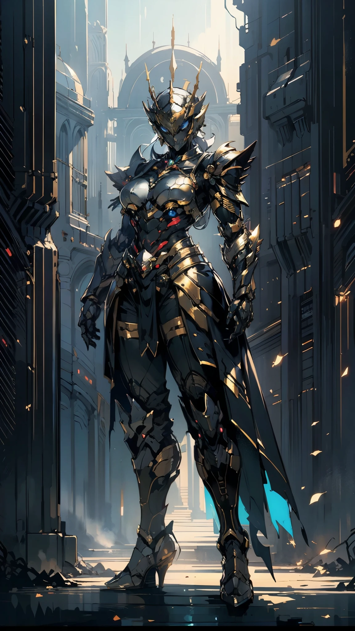 A woman adorned in fantasy-style full-body armor, a crown-concept fully enclosed helmet that unveils only her eyes, a composite layered chest plate, fully encompassing shoulder and hand guards, a lightweight waist armor, form-fitting shin guards, the overall design is heavy-duty yet flexible, (the armor gleams with a golden glow, complemented by red and blue accents), exhibiting a noble aura, she floats above a fantasy-surreal high-tech city, this character embodies a finely crafted fantasy-surreal style armored hero in anime style, exquisite and mature manga art style, (mixture of Queen bee and Spider concept Armor, plasma), ((Element, elegant, goddess, femminine:1.5)), metallic, high definition, best quality, highres, ultra-detailed, ultra-fine painting, extremely delicate, professional, anatomically correct, symmetrical face, extremely detailed eyes and face, high quality eyes, creativity, RAW photo, UHD, 32k, Natural light, cinematic lighting, masterpiece-anatomy-perfect, masterpiece:1.5