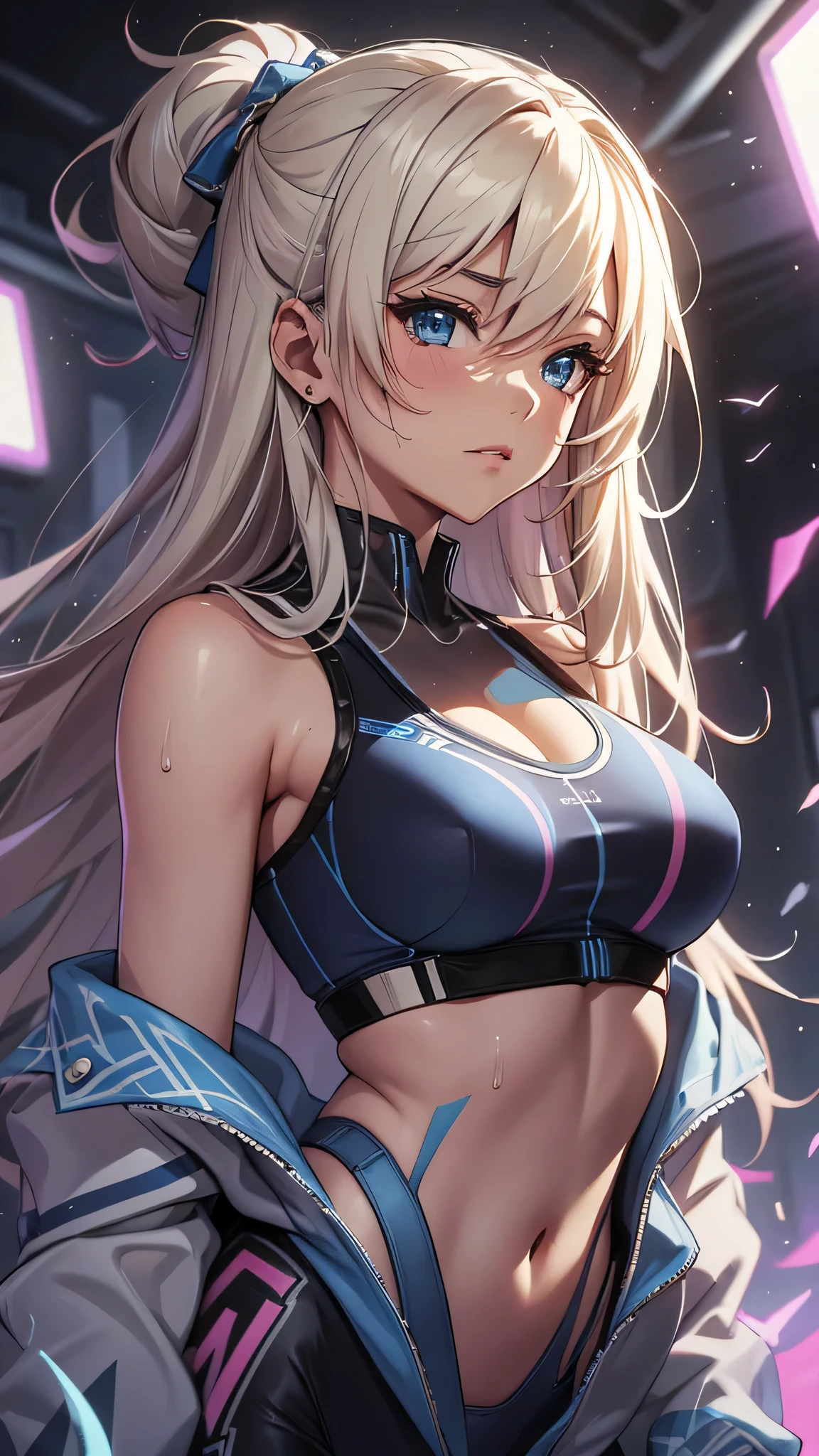 最high quality、best image quality、masterpiece、age girl((20-year-old、 By becoming、vest bust、medium bust,wide open breast tea、black eye, blonde hair、long hair、thin,highest valley、blue sports bra(1:2)、Blue sports pants、sweating、scattering of sweat、Flushed body、- And--Uppose)),high quality、beautiful art、background((pink space))debris flies、Depth of written boundary、movie、visual art、perfect art、8k,genuine、