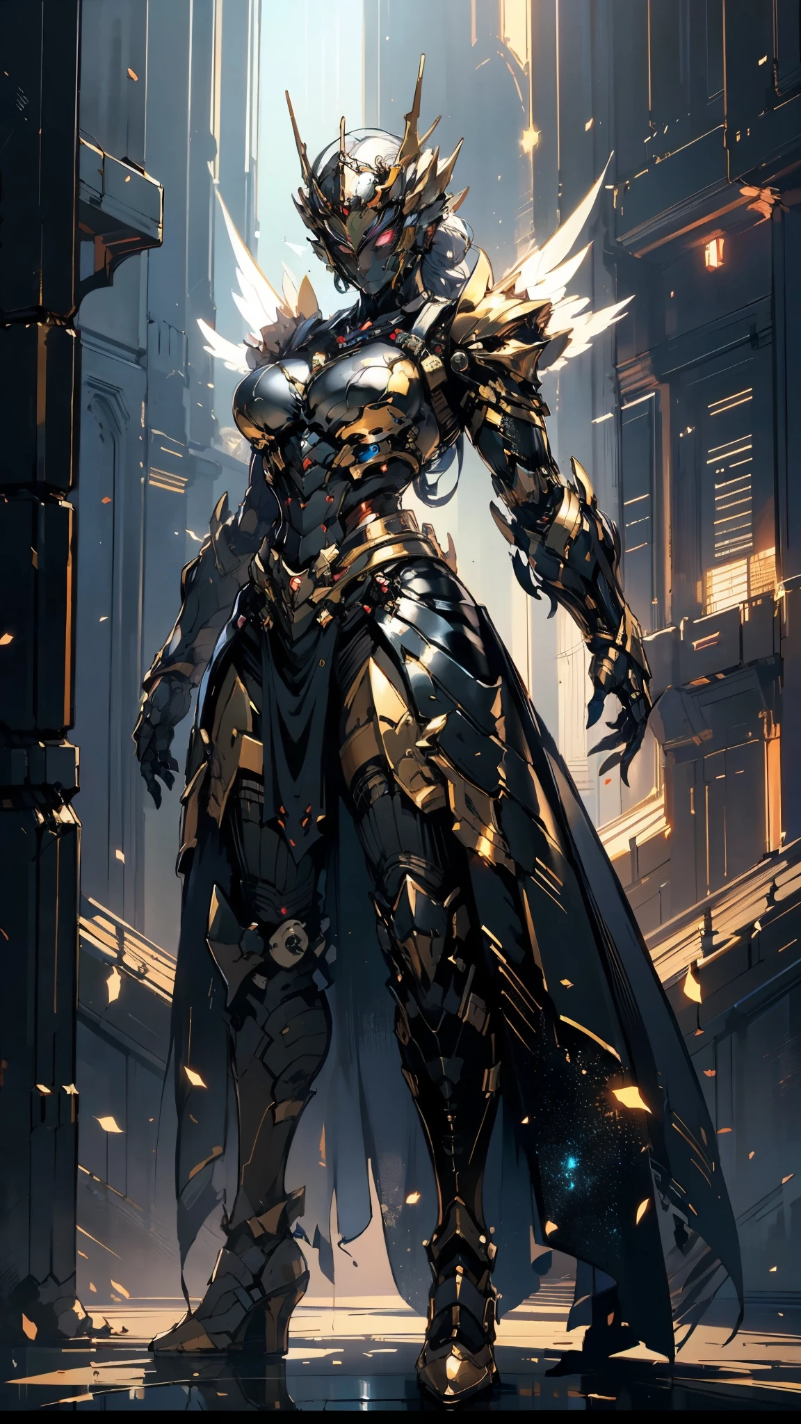 A woman adorned in fantasy-style full-body armor, a crown-concept fully enclosed helmet that unveils only her eyes, a composite layered chest plate, fully encompassing shoulder and hand guards, a lightweight waist armor, form-fitting shin guards, the overall design is heavy-duty yet flexible, (the armor gleams with a golden glow, complemented by red and blue accents), exhibiting a noble aura, she floats above a fantasy-surreal high-tech city, this character embodies a finely crafted fantasy-surreal style armored hero in anime style, exquisite and mature manga art style, (mixture of Queen bee and Spider concept Armor, plasma), ((Element, elegant, goddess, femminine:1.5)), metallic, high definition, best quality, highres, ultra-detailed, ultra-fine painting, extremely delicate, professional, anatomically correct, symmetrical face, extremely detailed eyes and face, high quality eyes, creativity, RAW photo, UHD, 32k, Natural light, cinematic lighting, masterpiece-anatomy-perfect, masterpiece:1.5