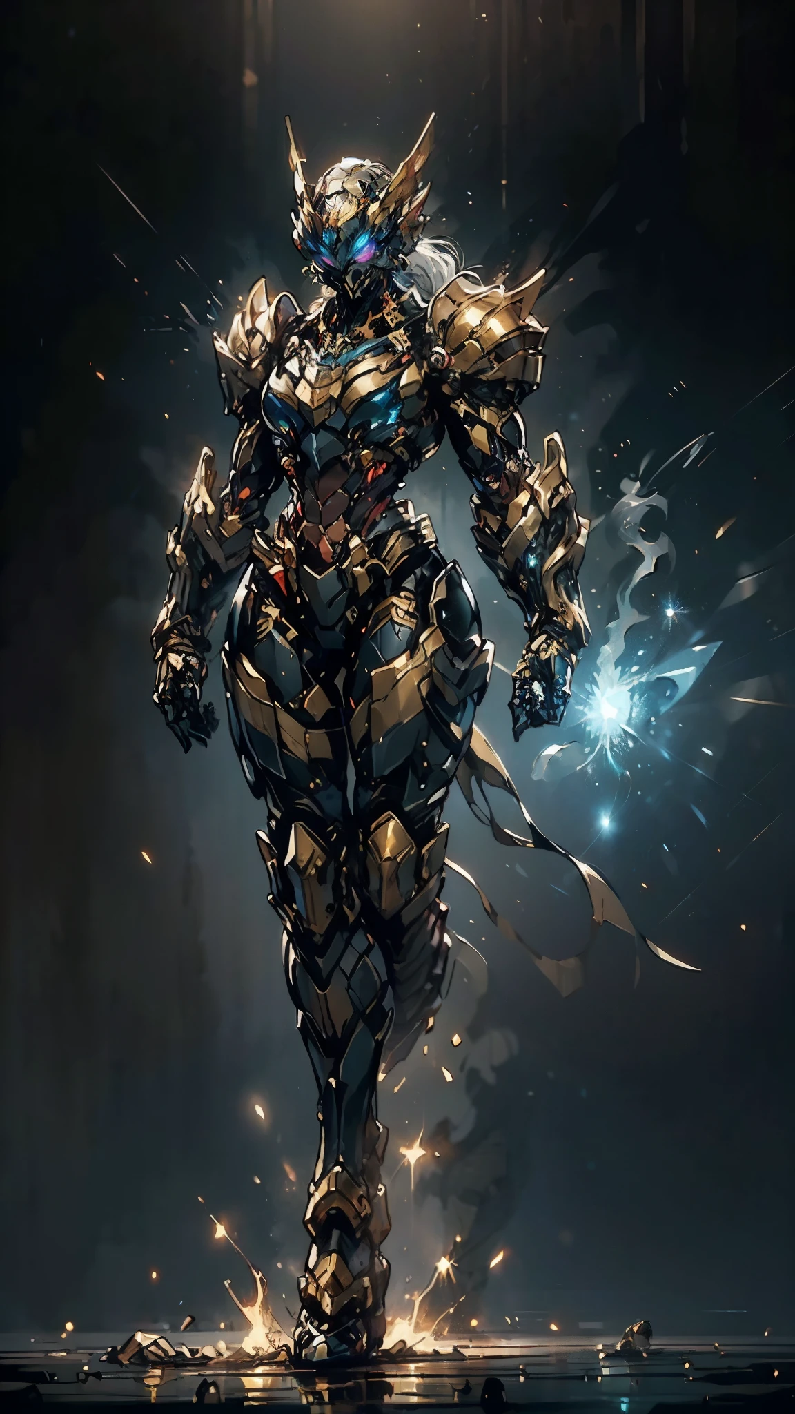 A woman adorned in fantasy-style full-body armor, a crown-concept fully enclosed helmet that unveils only her eyes, a composite layered chest plate, fully encompassing shoulder and hand guards, a lightweight waist armor, form-fitting shin guards, the overall design is heavy-duty yet flexible, (the armor gleams with a golden glow, complemented by red and blue accents), exhibiting a noble aura, she floats above a fantasy-surreal high-tech city, this character embodies a finely crafted fantasy-surreal style armored hero in anime style, exquisite and mature manga art style, (mixture of Queen bee and Spider concept Armor, plasma), ((Element, elegant, goddess, femminine:1.5)), metallic, high definition, best quality, highres, ultra-detailed, ultra-fine painting, extremely delicate, professional, anatomically correct, symmetrical face, extremely detailed eyes and face, high quality eyes, creativity, RAW photo, UHD, 32k, Natural light, cinematic lighting, masterpiece-anatomy-perfect, masterpiece:1.5