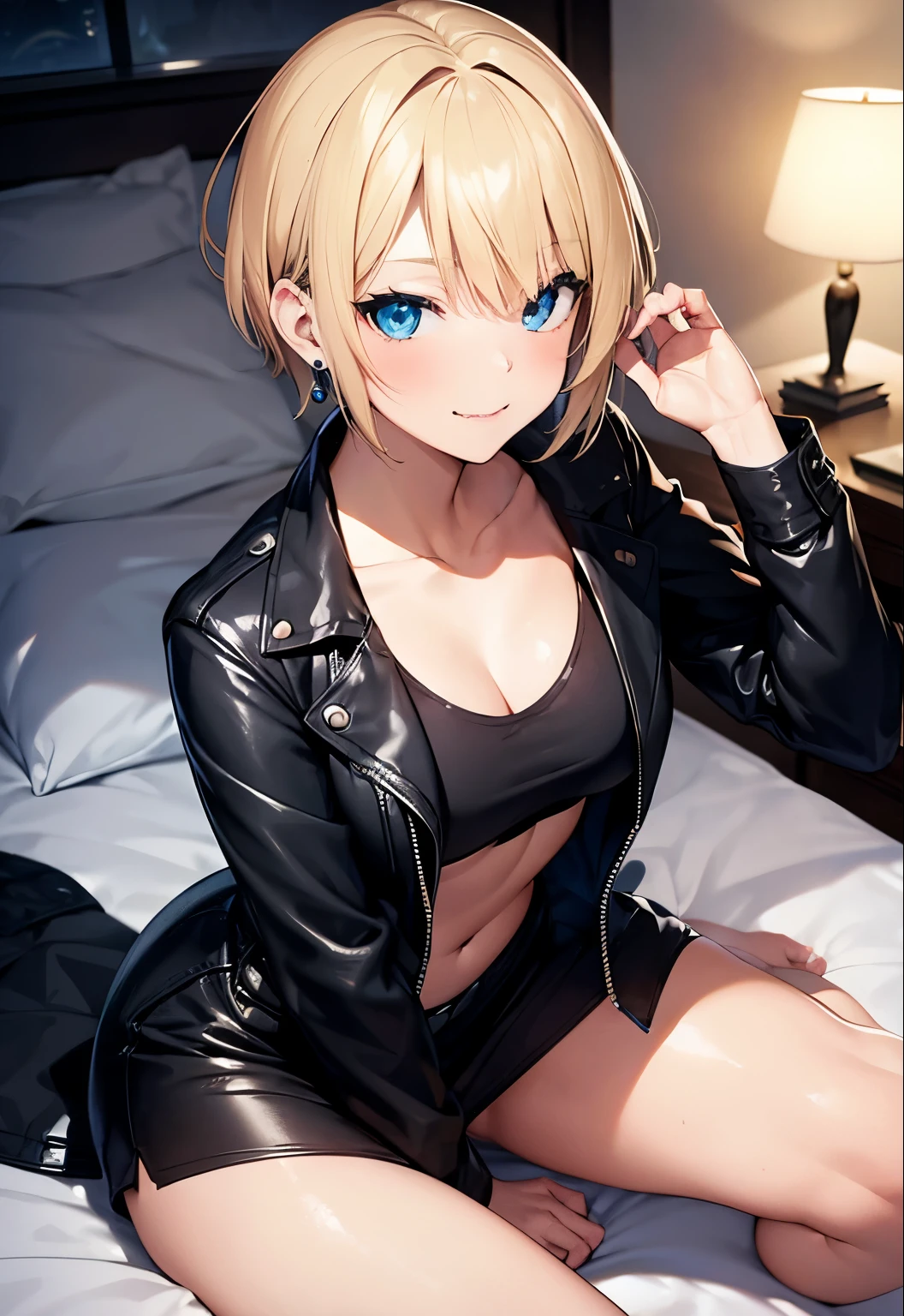 High resolution, 2D anime style,,blue eyes beautiful eyes,high and beautiful nose,thin face,blonde boyish short hair,cool woman,beautiful earrings,beautiful clock,Chest is slightly larger,she looks very sleepy,she is smiling a little,biting one&#39;s lips,blush,she narrows her eyes, she is biting her nails,Fashion that shows off your stomach,she is wearing a black leather jacket.,,sitting on the bed,bedroom at night