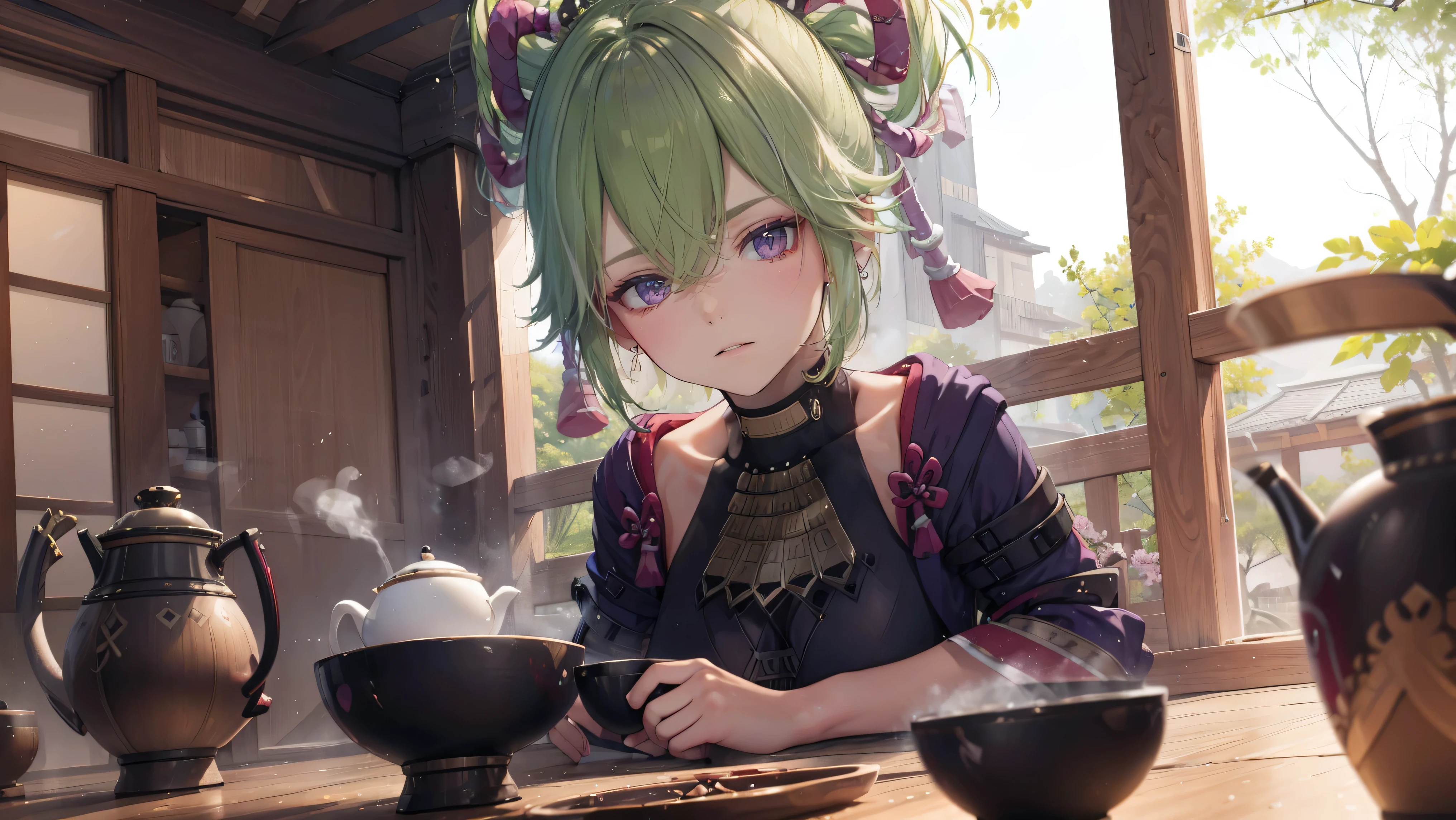 (best quality,8k,height,Masterpiece:1.2),(realistic,photorealistic,photo-realistic:1.37), Mr. Ta Si, a purple traditional Japanese bakery,Beautifully detailed eyes,happiness,glowing eyes,smile,บรรยากาศquiet,Traditional Japanese clothing,work(best quality,Comprehensive,advertisement:1.2),bright and warm,sweet and sleepy,complete happiness,smileสดใส,cherry tree,quiet,aroma,dreamlike,bright colors,delicate light,Traditional Japanese tea set,Lively atmosphere, Looking at the audience from the front, พื้นหลังเป็นเมืองญี่ปุ่นเก่าแก่ที่มีcherry tree.,