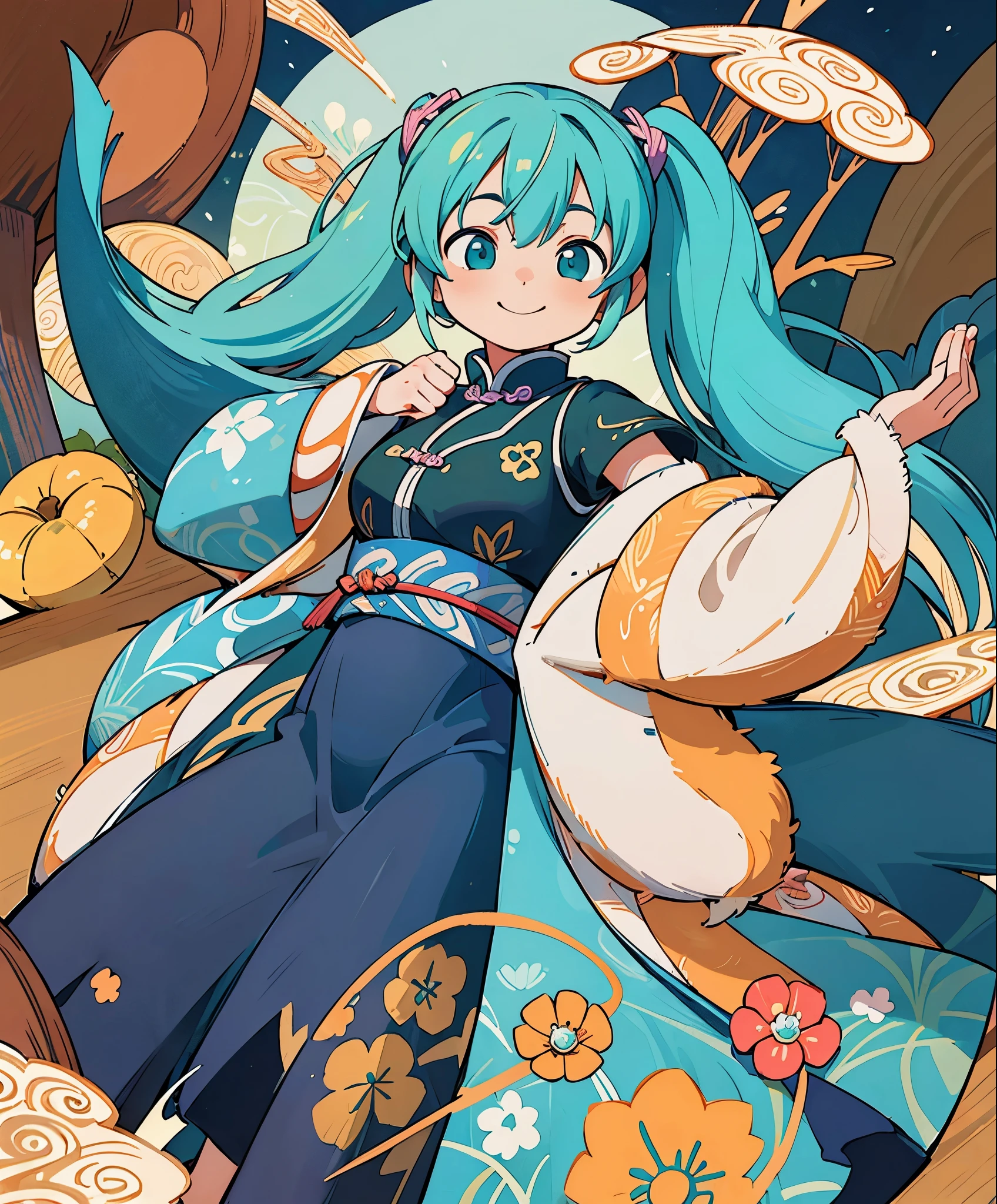 (masterpiece、最high quality、最high quality、official art、beautiful beautiful:1.2)、(1 girl:1.3)Hatsune Miku、big breasts、twin tails、adorable smile、very detailed、beauty of ancient china, charming temperament, Flowing long skirt, clean face, beautiful eyes, Surrounding osmanthus, 完璧なボディ構造プロポーションのmasterpiece, Super detailed, magnificent composition, Color tattoo art, New Traditional Tattoo Art, sd tattoo designs, Color tattoo art, Mysterious, warm and friendly atmosphere, super realistic painting, super hd, high quality, 最high quality, 32k --v6