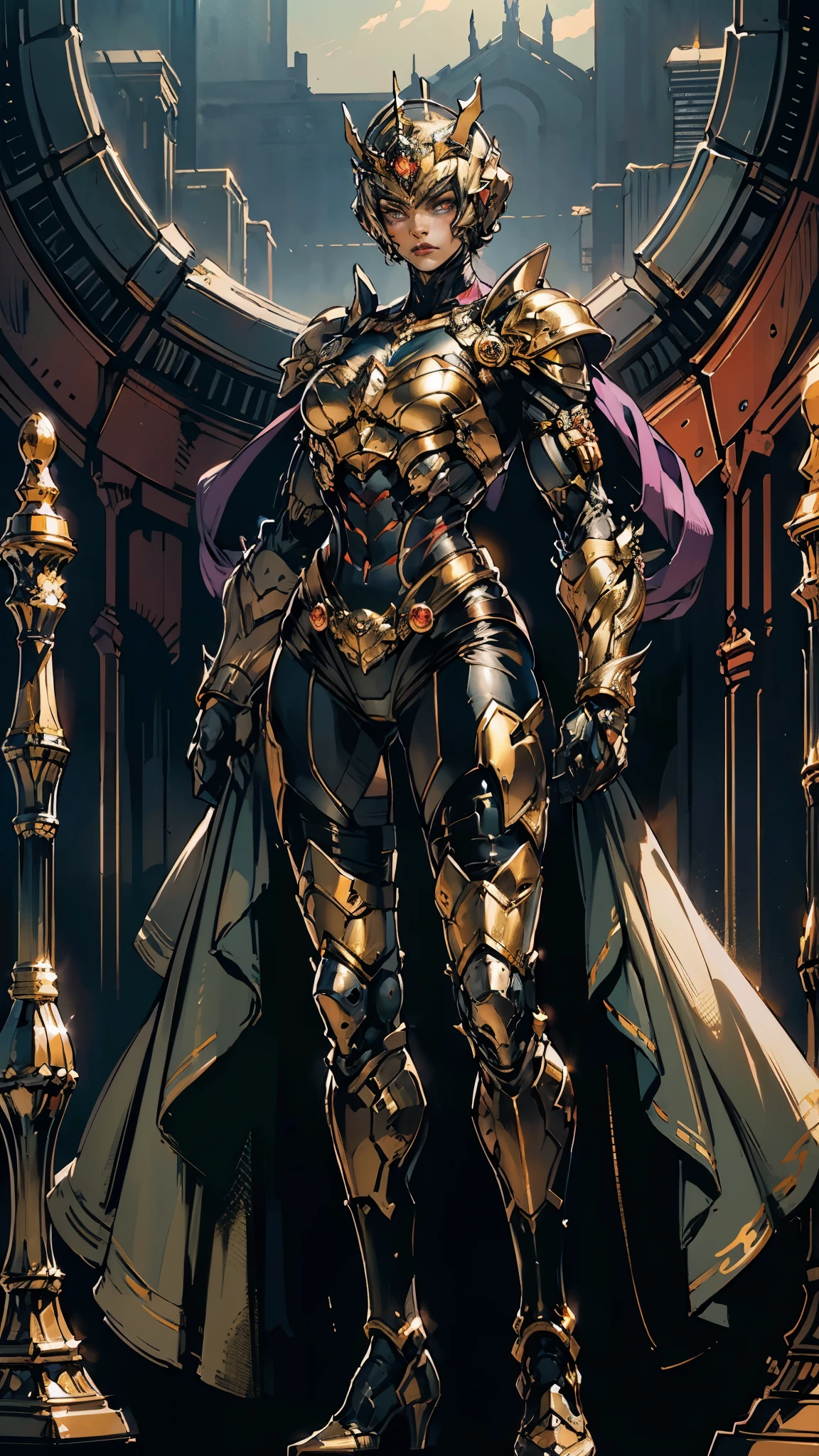 A woman adorned in fantasy-style full-body armor, a crown-concept fully enclosed helmet that unveils only her eyes, a composite layered chest plate, fully encompassing shoulder and hand guards, a lightweight waist armor, form-fitting shin guards, the overall design is heavy-duty yet flexible, (the armor gleams with a golden glow, complemented by red and blue accents), exhibiting a noble aura, she floats above a fantasy-surreal high-tech city, this character embodies a finely crafted fantasy-surreal style armored hero in anime style, exquisite and mature manga art style, (mixture of Queen bee and Spider concept Armor, plasma), ((Element, elegant, goddess, femminine:1.5)), metallic, high definition, best quality, highres, ultra-detailed, ultra-fine painting, extremely delicate, professional, anatomically correct, symmetrical face, extremely detailed eyes and face, high quality eyes, creativity, RAW photo, UHD, 32k, Natural light, cinematic lighting, masterpiece-anatomy-perfect, masterpiece:1.5