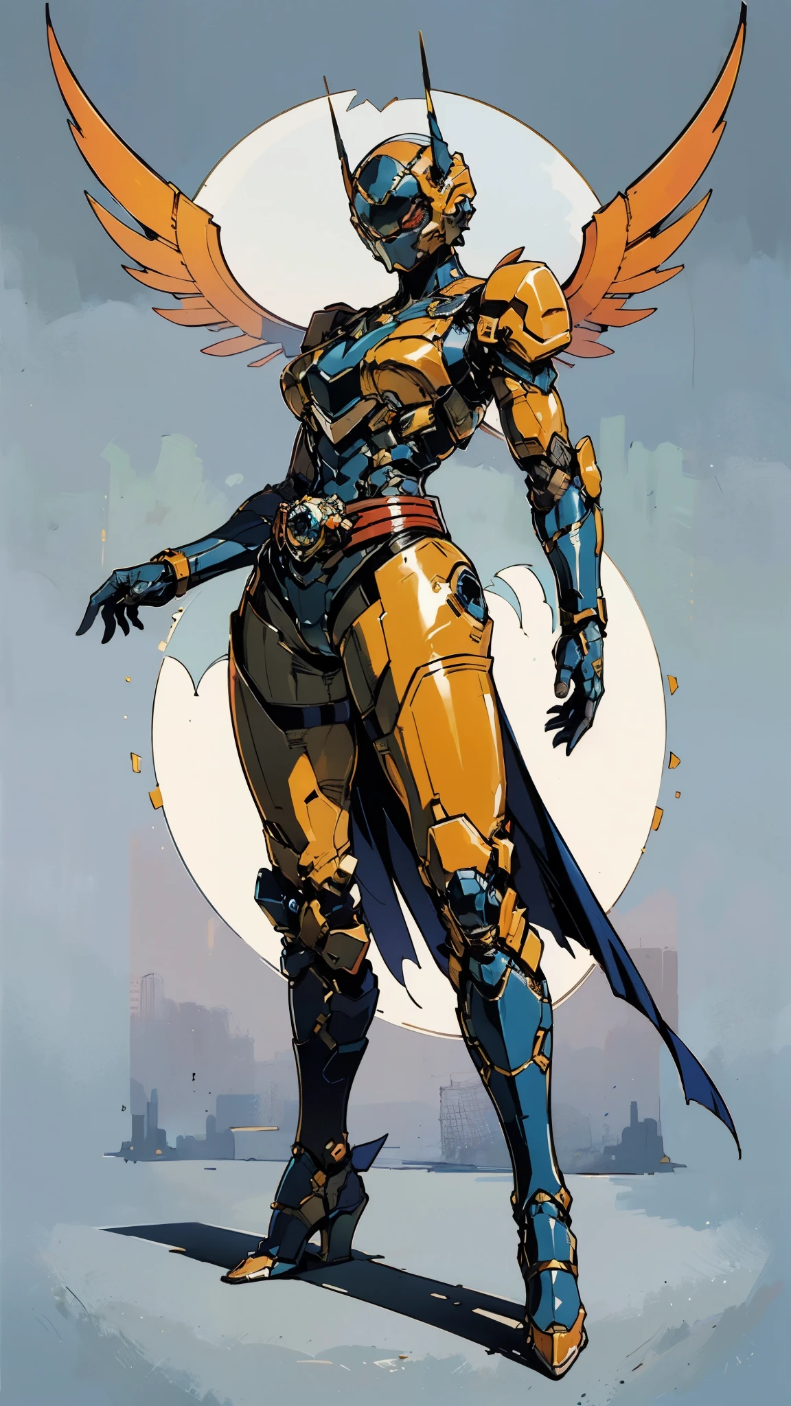A woman adorned in fantasy-style full-body armor, a crown-concept fully enclosed helmet that unveils only her eyes, a composite layered chest plate, fully encompassing shoulder and hand guards, a lightweight waist armor, form-fitting shin guards, the overall design is heavy-duty yet flexible, (the armor gleams with a golden glow, complemented by red and blue accents), exhibiting a noble aura, she floats above a fantasy-surreal high-tech city, this character embodies a finely crafted fantasy-surreal style armored hero in anime style, exquisite and mature manga art style, (mixture of Queen bee and Spider concept Armor, plasma), ((Element, elegant, goddess, femminine:1.5)), metallic, high definition, best quality, highres, ultra-detailed, ultra-fine painting, extremely delicate, professional, anatomically correct, symmetrical face, extremely detailed eyes and face, high quality eyes, creativity, RAW photo, UHD, 32k, Natural light, cinematic lighting, masterpiece-anatomy-perfect, masterpiece:1.5
